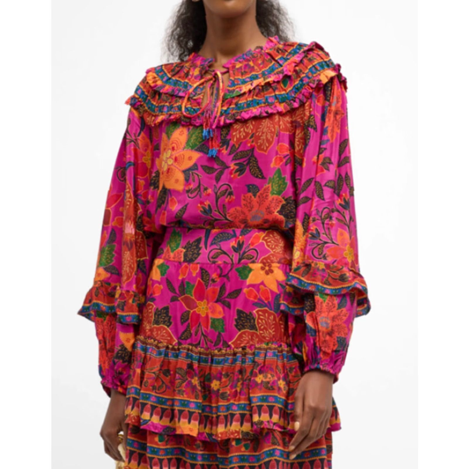 Farm Rio Farm Rio Blouse Womens Medium Floral Ruffled Long Sleeve V-Neck Casual Lightweight Multicolor Size M / US 6-8 / IT 42-44 - 2 Thumbnail