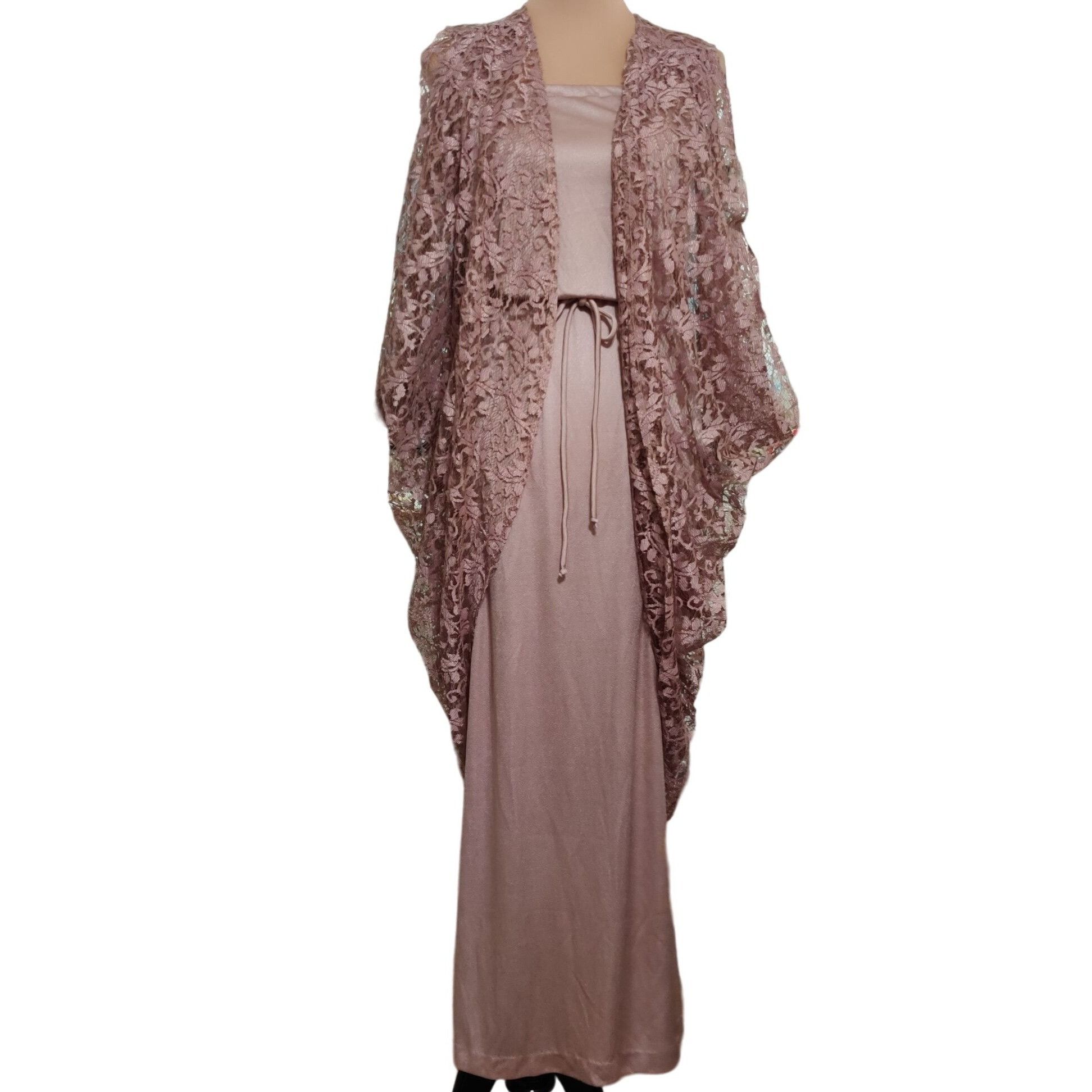 image of Vintage Womens Dress Cocoon Maxi Lace Overlay Kimono Beige 7 (Size Small)