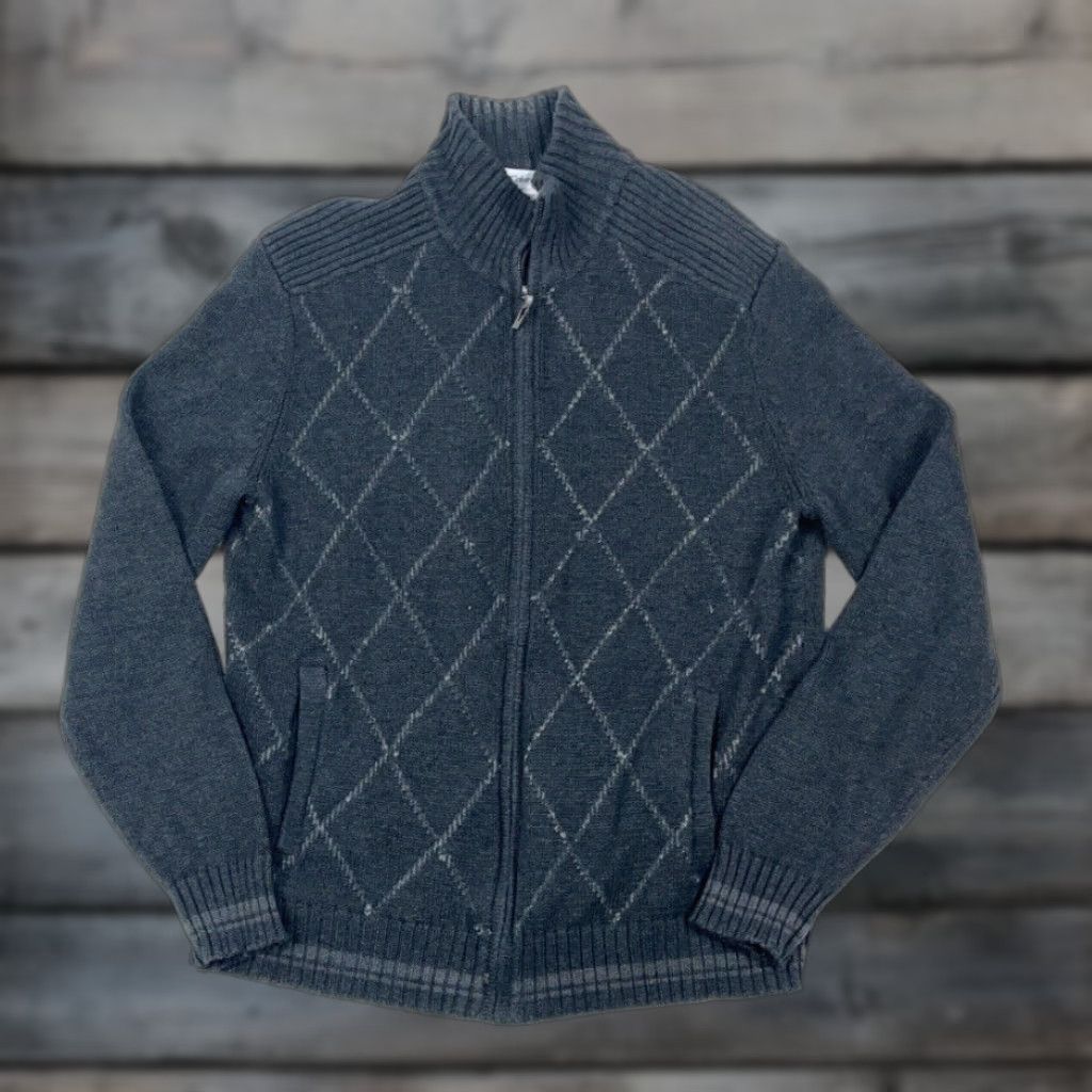Calvin Klein VINTAGE Calvin Klein Cardigan Shirt Adult Medium Gray Diamond Knit Zip Fleece 90s Mens Size US M / EU 48-50 / 2 - 1 Thumbnail