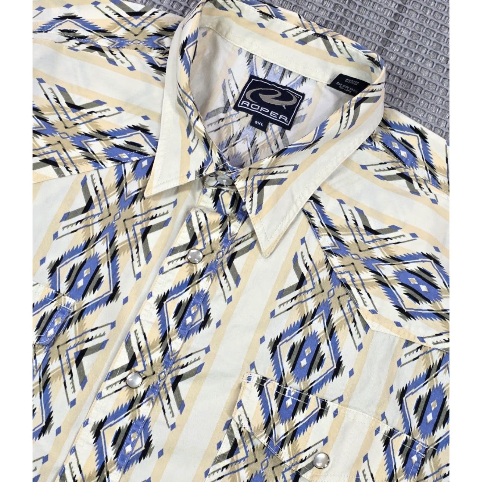 Roper Roper Western Shirt Mens 2XL Tan Blue Pearl Snap Southwestern Aztec Rodeo Ranch Shirt Mens 2XL Blue Geometric Cowboy Western Casual Workwear Mens Size US XXL / EU 58 / 5 - 5 Thumbnail