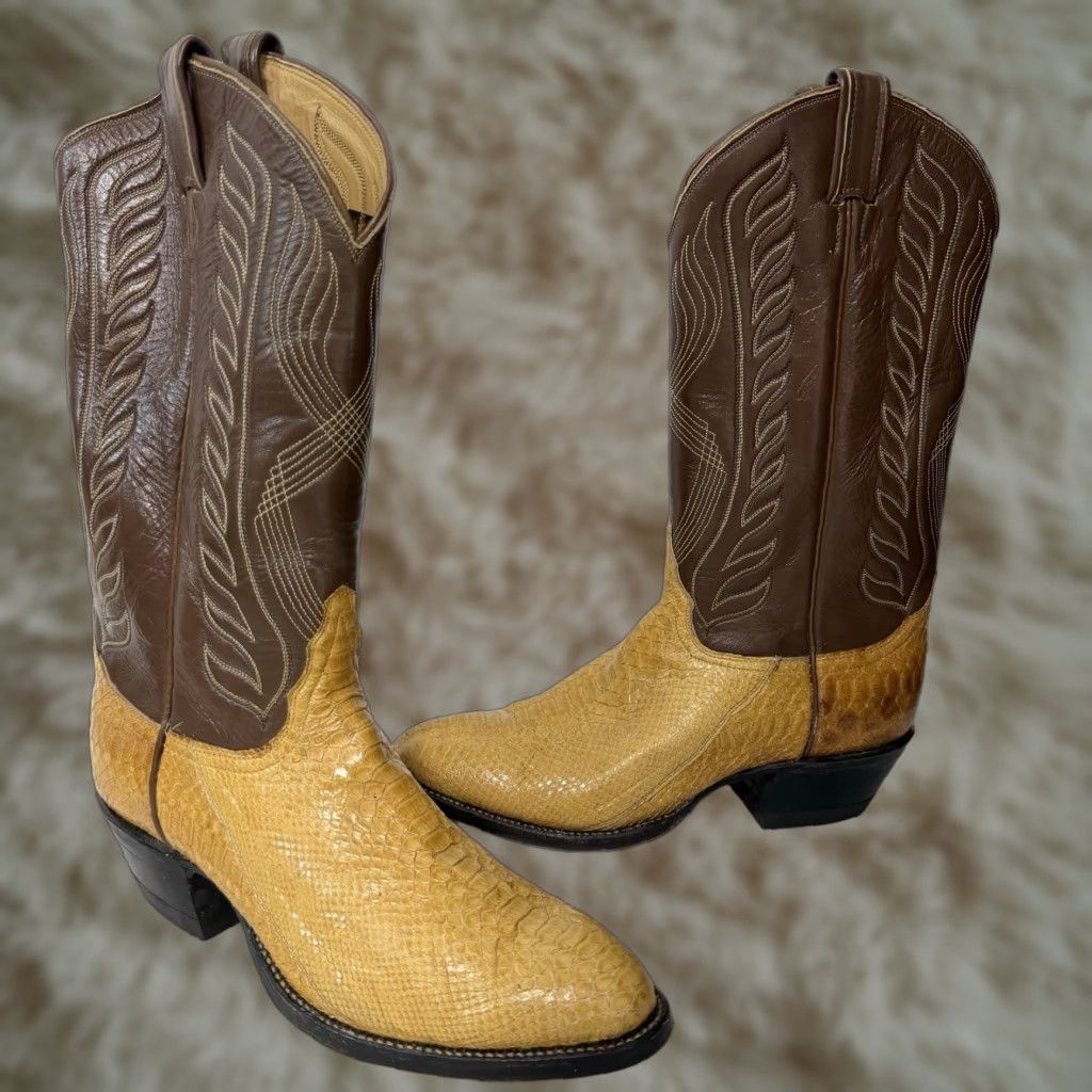 Tony Lama VINTAGE Tony Lama Western Boots Men’s 8.5 D Yellow Brown Exotic Snake 2nd Hand Leather Pull On Almond Toe Mens Size US 9 / EU 42 - 1 Thumbnail