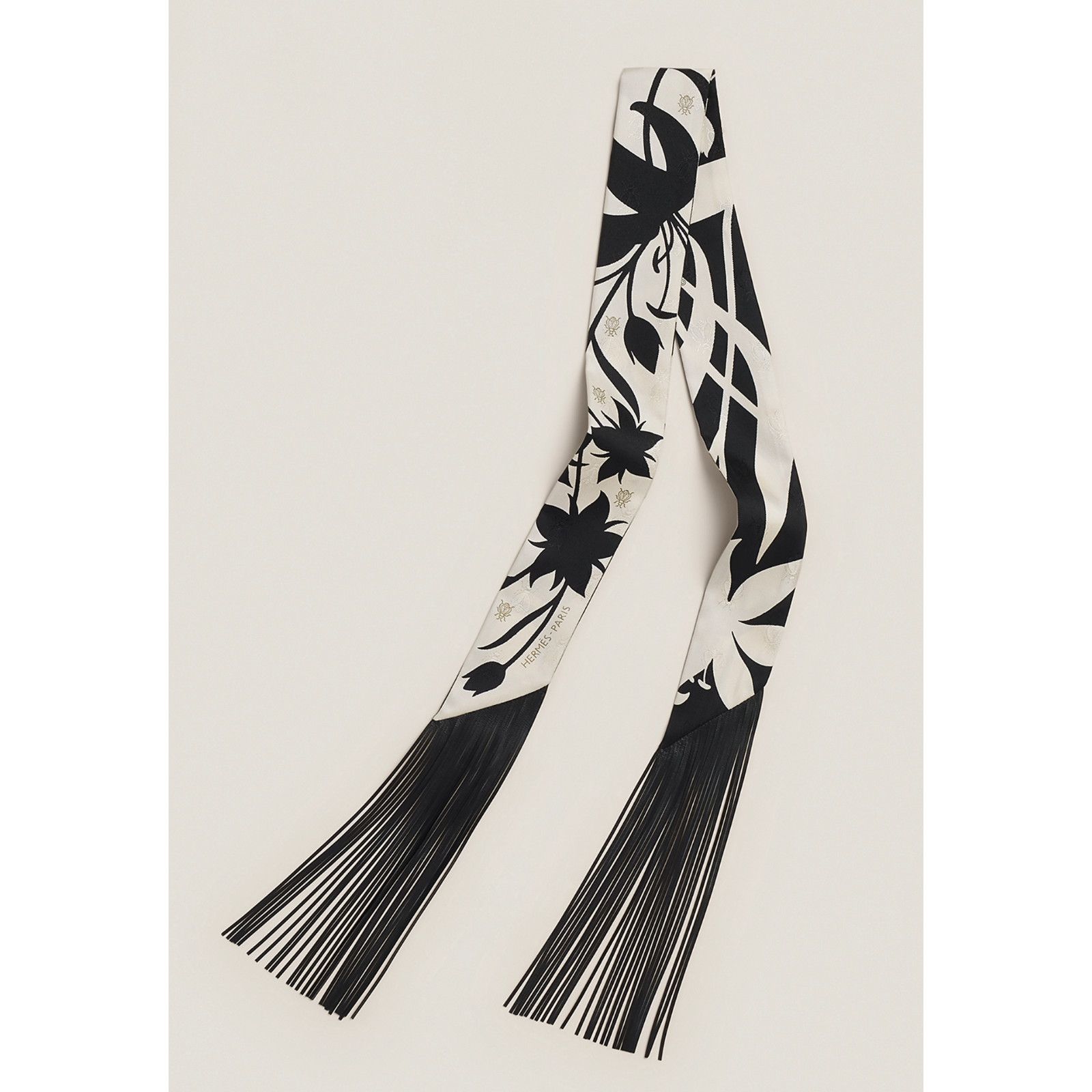 Hermes Hermes Scarf Twilly Fringe Leather Bouquet White Black Silk Size ONE SIZE - 1 Thumbnail