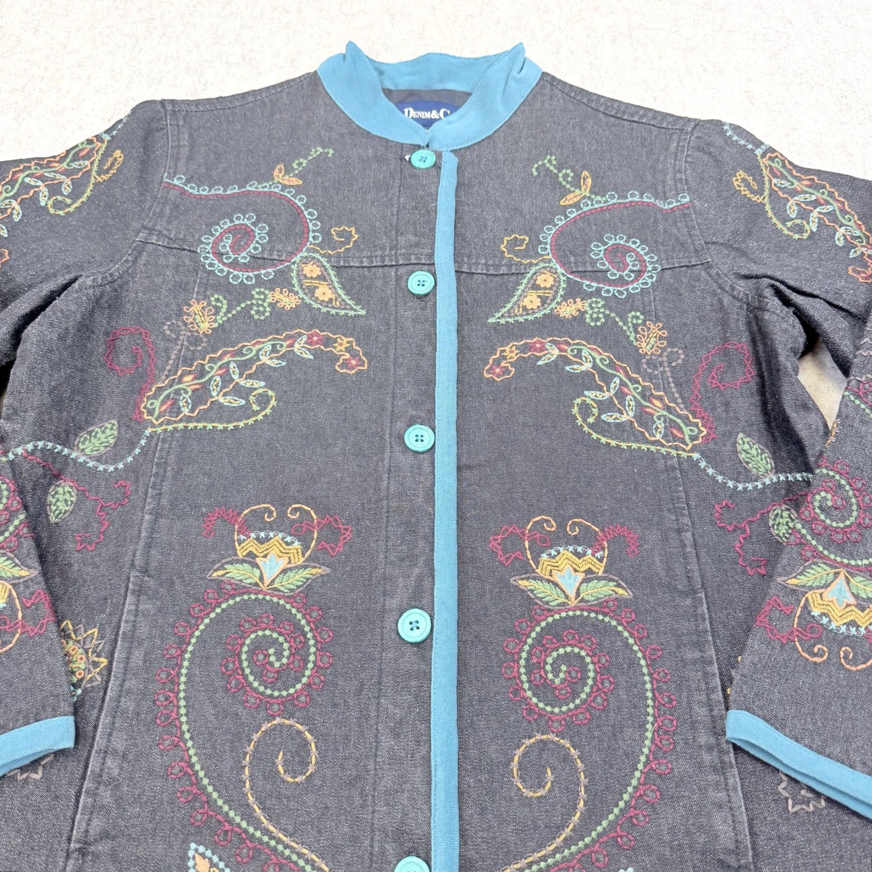 Denim & Co. Denim & Co Jacket Womens XS Blue Embroidered Paisley Button Front Mid-Length Casual Bohemian Flower Jacket Womens XS Denim & Co Size XS / US 0-2 / IT 36-38 - 3 Thumbnail