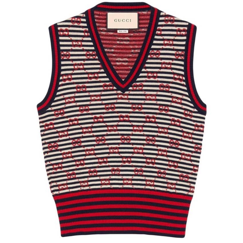 image of Gucci GG Wool Vest Red Blue Small Pullover V Neck Sweater, Women's