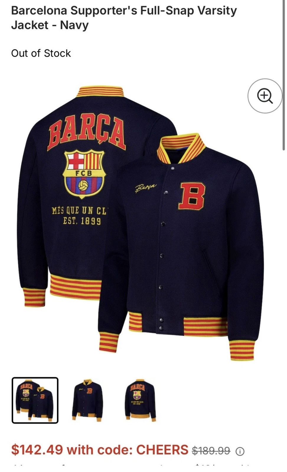 Other FCB Barcelona Supporter's Full-Snap Varsity Jacket - Navy Size US XXL / EU 58 / 5 - 6 Thumbnail