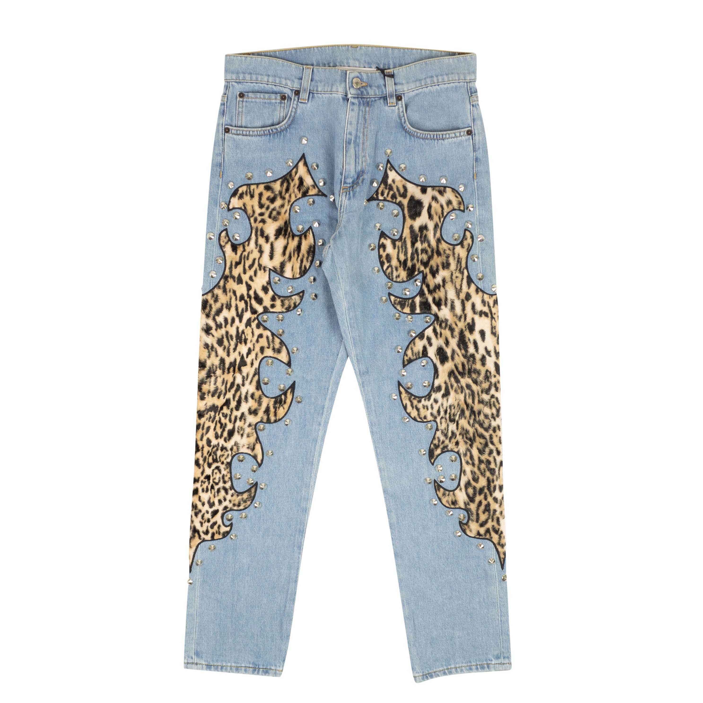 Image of Moschino Couture Blue Leopard Flame Detail Jeans Size 8/44, Women's