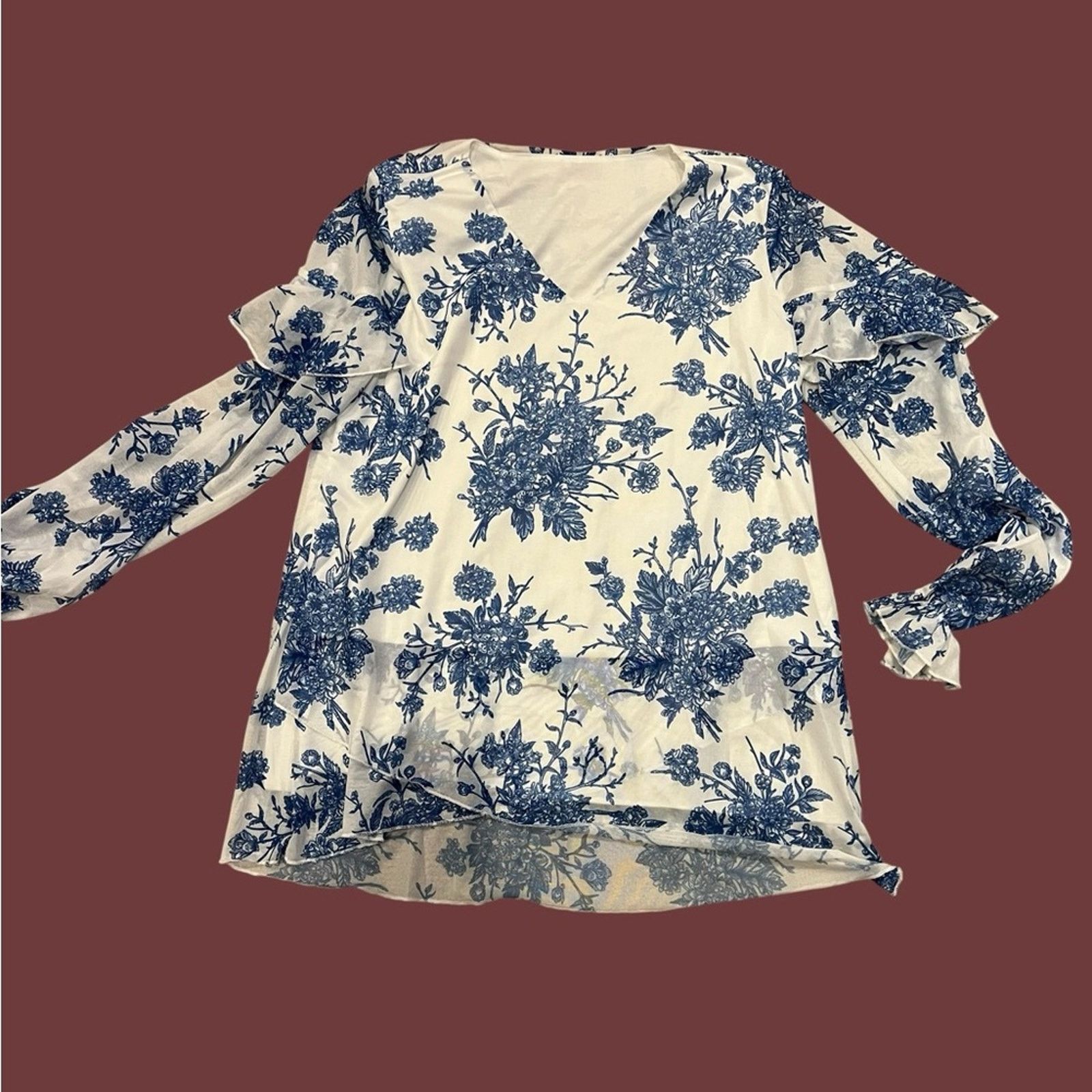 & Other Stories Samiol Ruffle Trim Floral Print Top – Blue & White Size M / US 6-8 / IT 42-44 - 2 Thumbnail