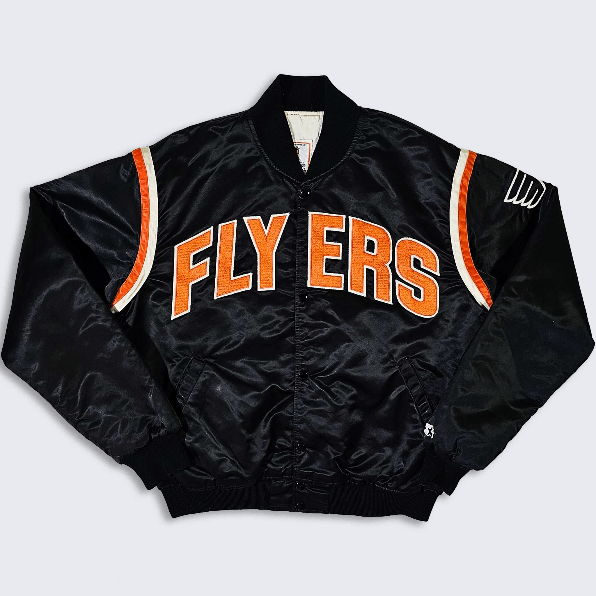 image of Nhl x Starter Philadelphia Flyers Vintage 80's Starter Satin Bomber Jacket in Black Orange (Size La