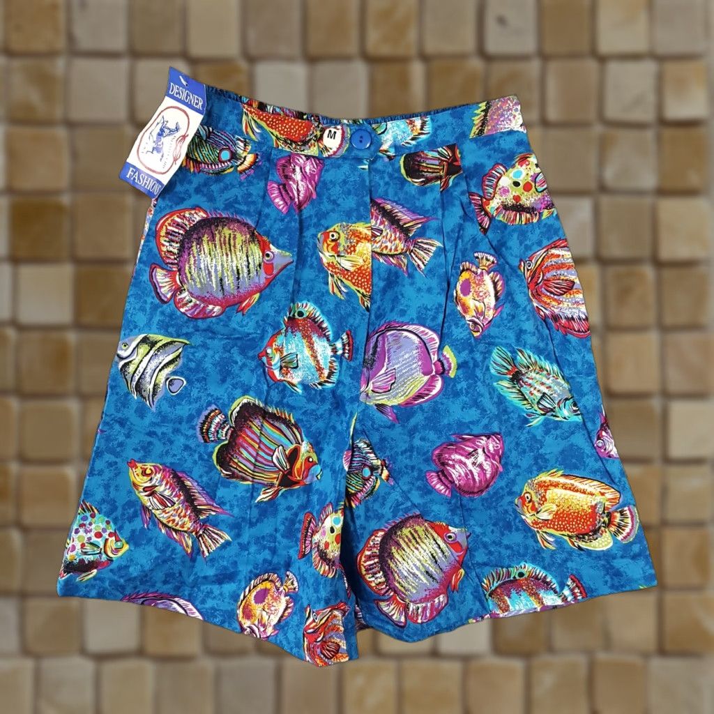 Vintage VINTAGE 80s Tropical Fish Shorts Unisex Adults Medium Blue Summer Lounge Relaxed Pleated Preppy 90s Size 32" / US 10 / IT 46 - 1 Thumbnail