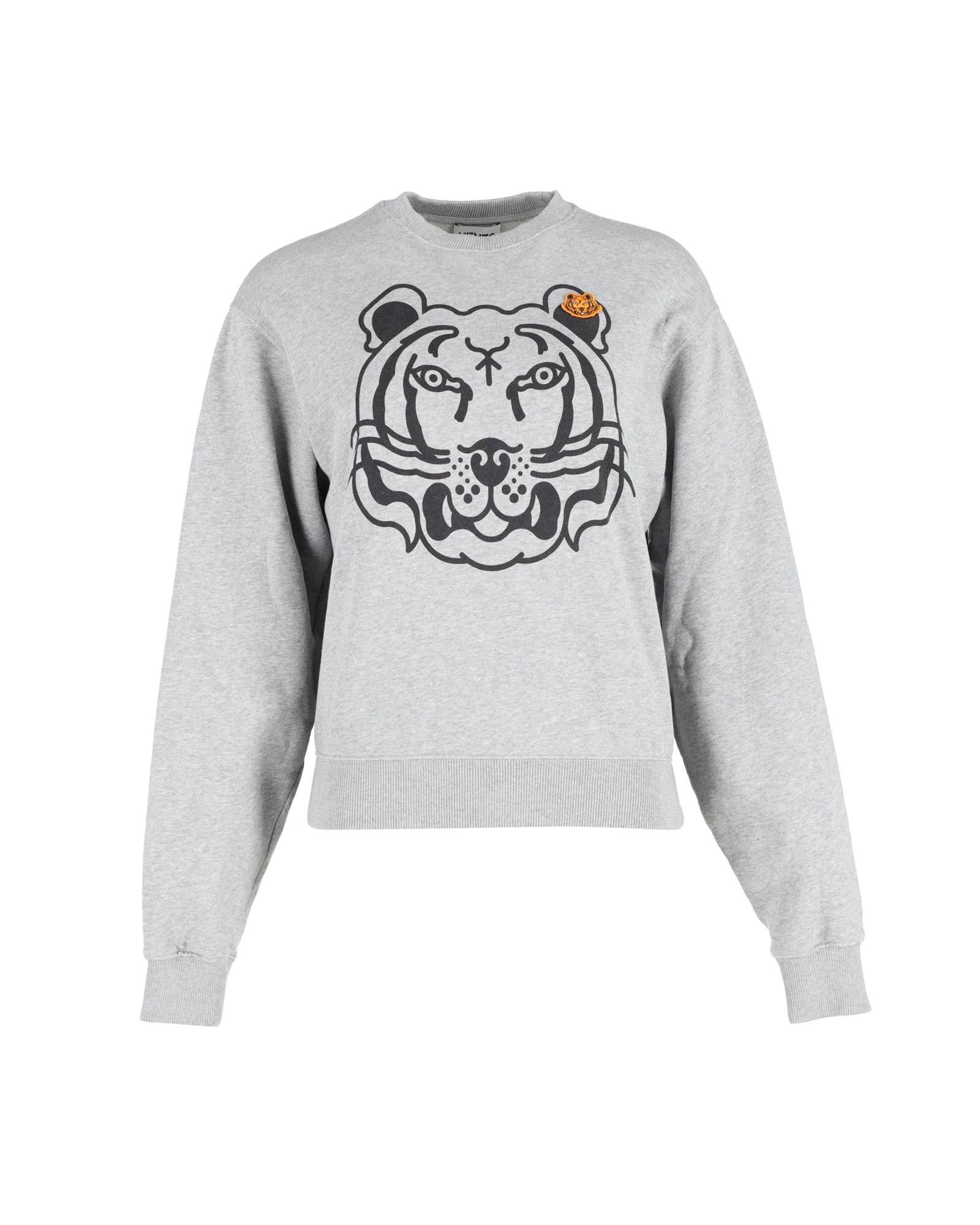 Image of Kenzo Tiger Print Grey Cotton Sweatshirt With Ribbed Trims, Women's (Size Small)