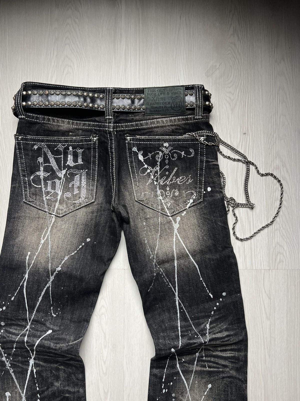 14th Addiction Xfrm Studded Swarovski Mudwash Flared Jeans Size US 30 / EU 46 - 3 Thumbnail