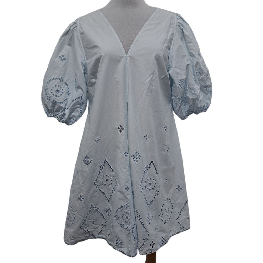 Ganni Ganni Broderie Anglaise Puff Sleeve Organic Cotton Mini Dres Size L / US 10 / IT 46 - 1 Thumbnail