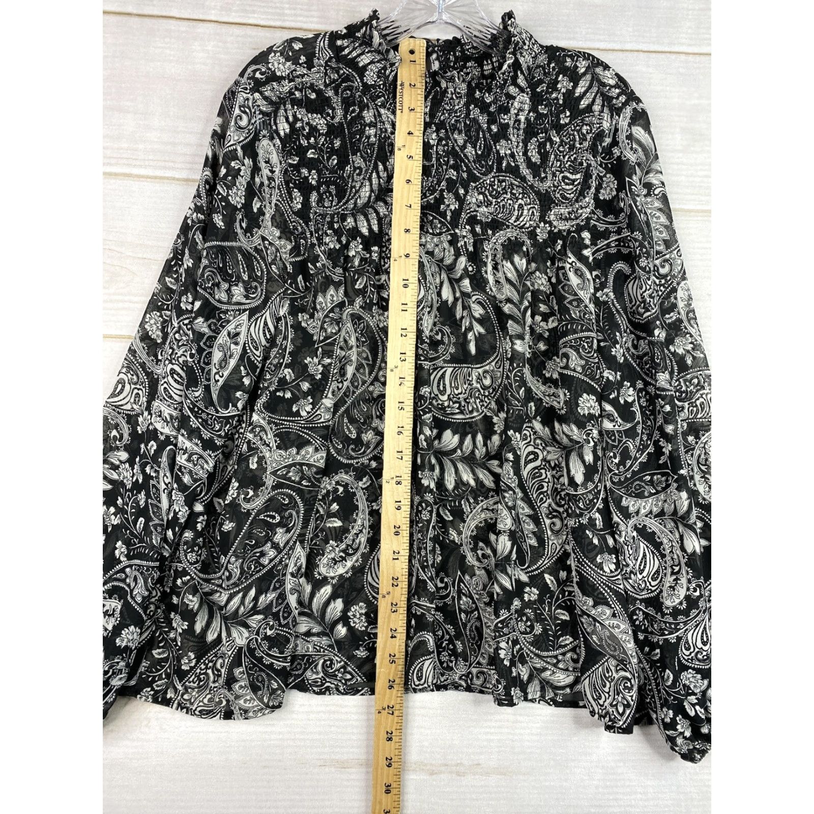 Vintage a.n.a Blouse Top Womens XL Black White Mock Neck Long Sleeve Sheer Geometric Chambray Polyester Button Pullover Casual Occasion Size XL / US 12-14 / IT 48-50 - 5 Thumbnail