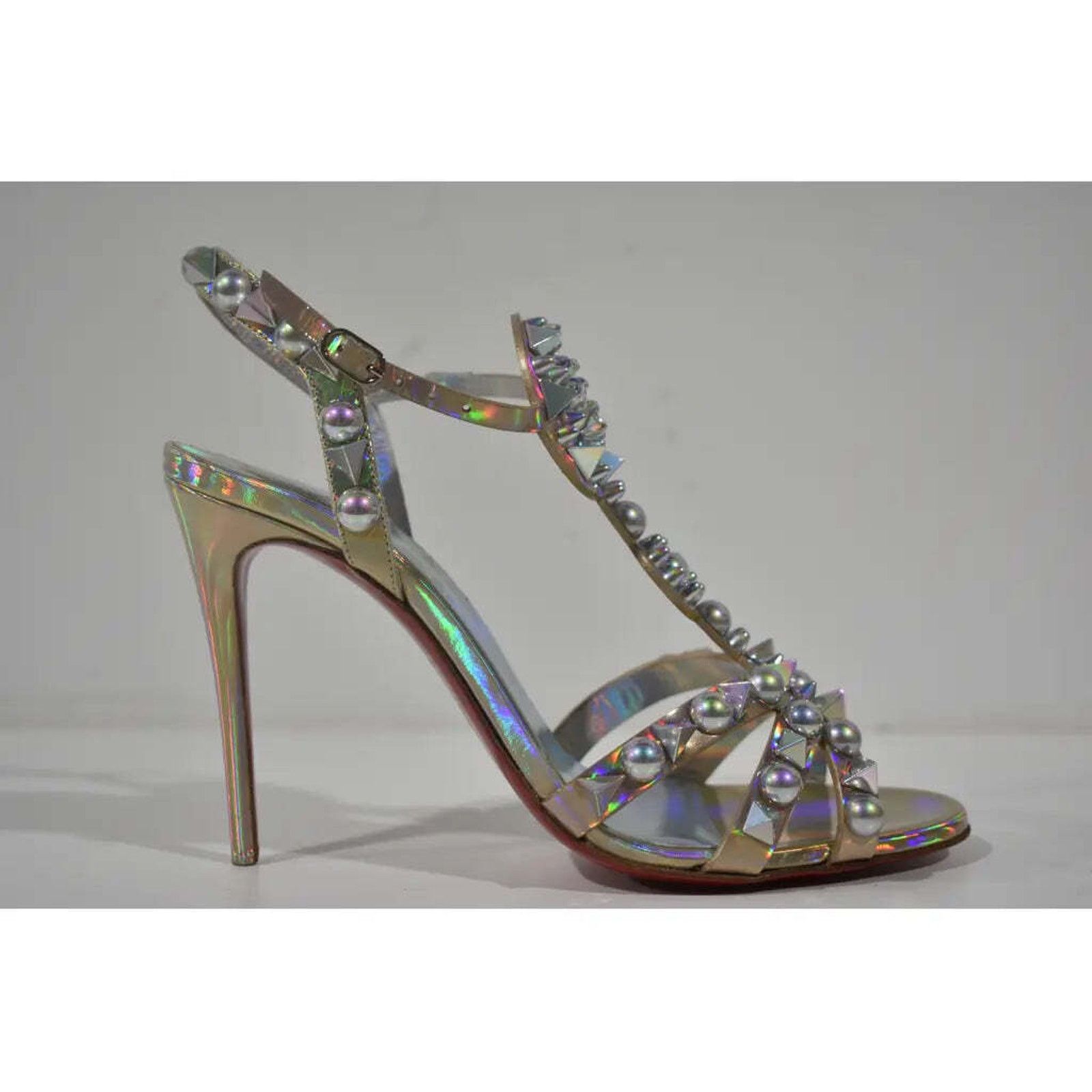 Christian Louboutin Goldora 100 Gold AB Spike Ankle Strap Sandal Heel Pump 39.5 Size US 9.5 / IT 39.5 - 2 Thumbnail