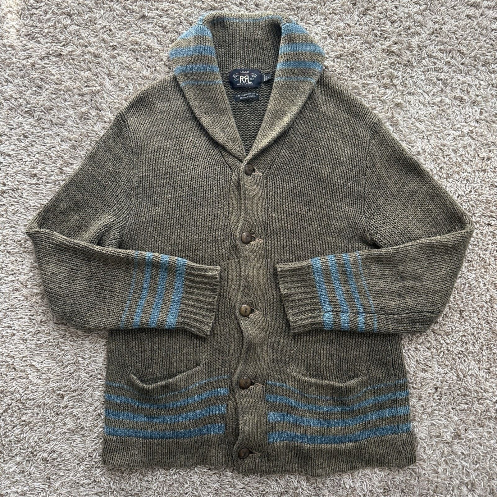 RRL Ralph Lauren × Ralph Lauren RRL Ralph Lauren Shawl Collar Cardigan Sweater Brown Linen Size US L / EU 52-54 / 3 - 1 Thumbnail