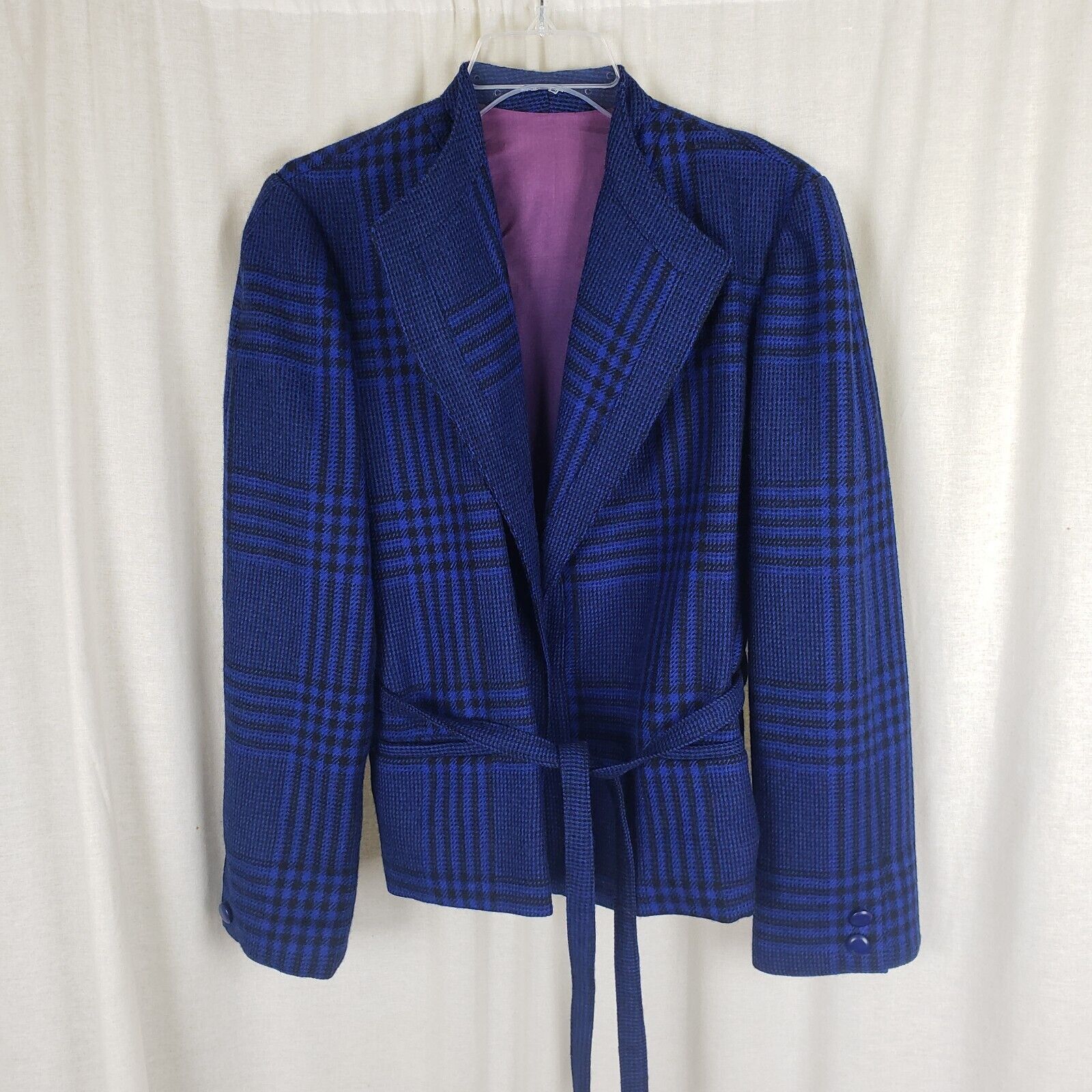 Vintage Vtg Cobalt Plaid Draped Collar Tie Wrap Jacket Blazer France Size L / US 10 / IT 46 - 1 Thumbnail