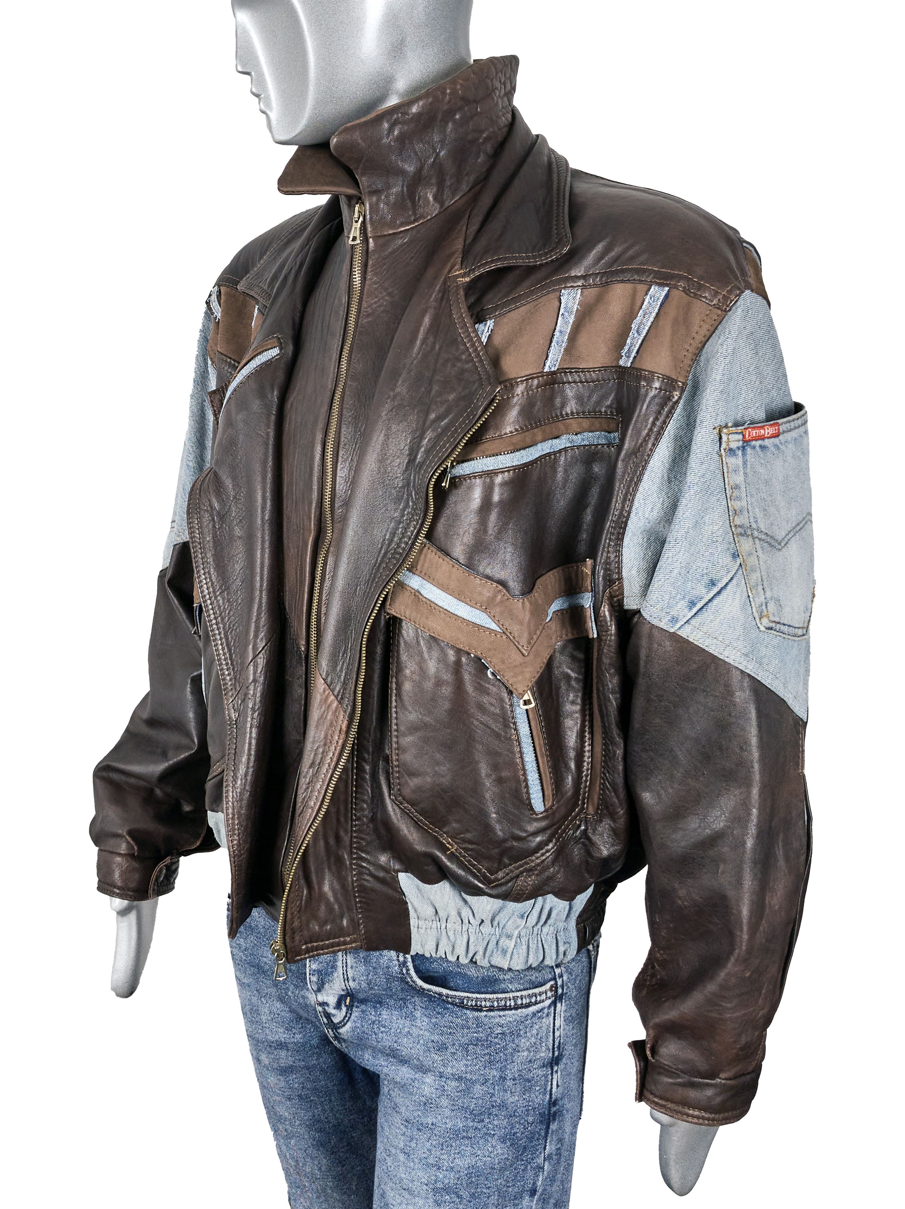 Vintage Vintage 80s Italian leather biker jacket with denim inserts Size US XL / EU 56 / 4 - 9 Thumbnail