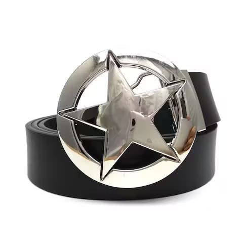 image of Leather x Unbrnd Silver Star Round Metal Belt Buckle in Black, Men's
