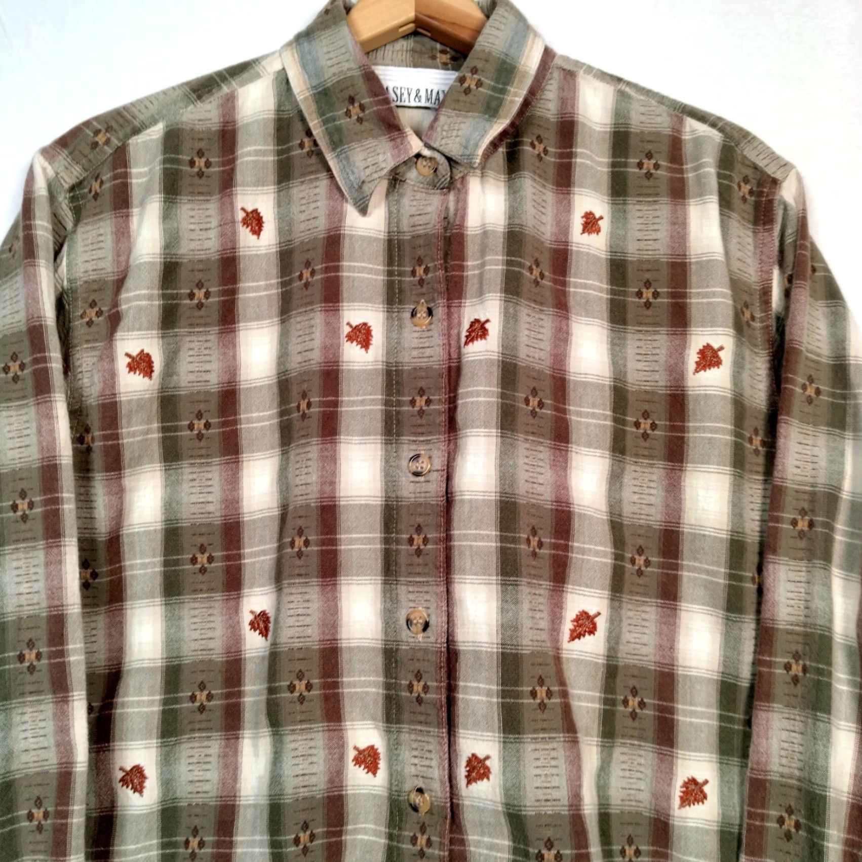 Vintage VINTAGE Casey & Max Blouse Women L Brown Plaid Embroidered Leaf Autumn Casual Size L / US 10 / IT 46 - 3 Thumbnail