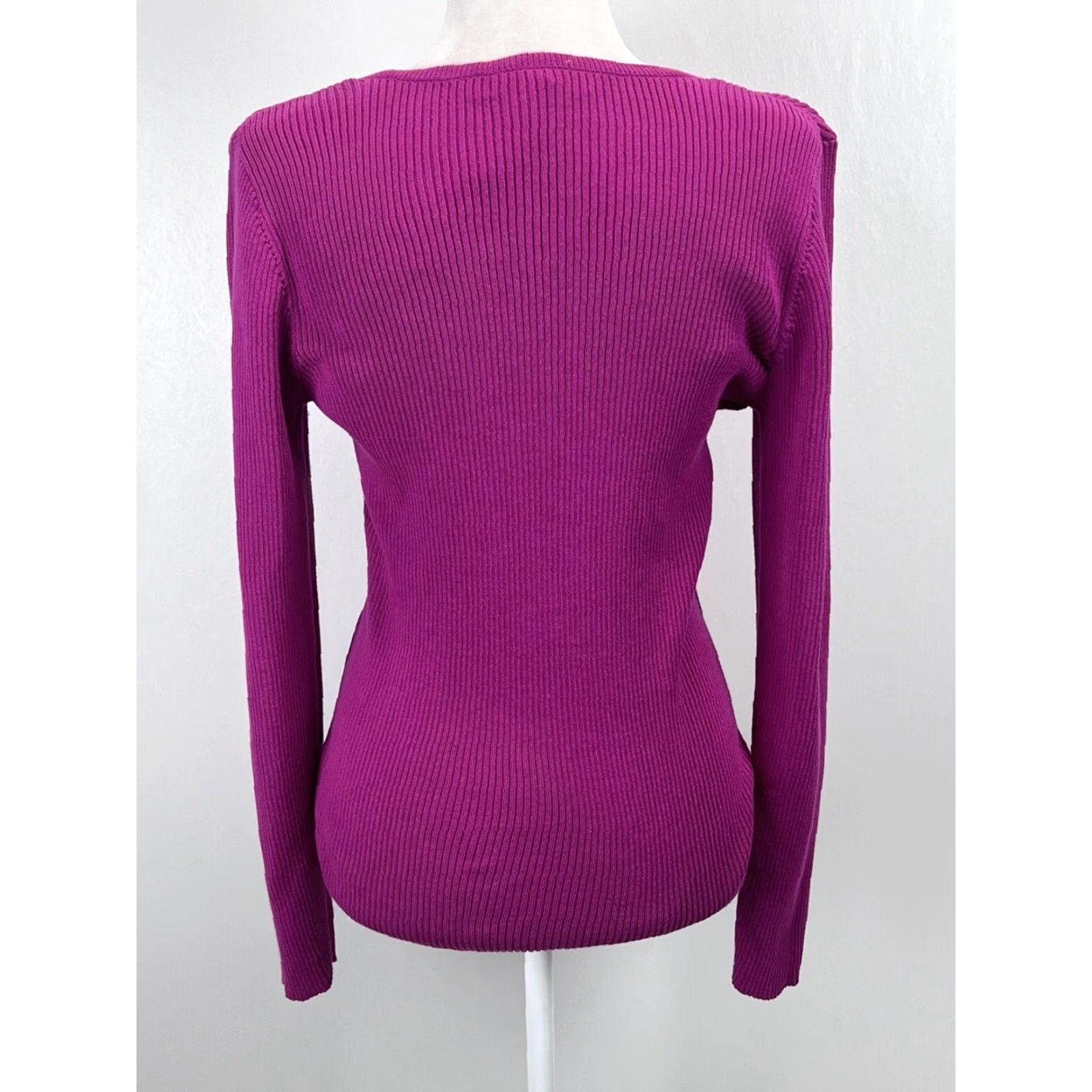 Ralph Lauren LAUREN RALPH LAUREN Fuchsia Ribbed Sweater Large Womens V-Neck Long Sleeve Pullover Stretch Fitted Size L / US 10 / IT 46 - 3 Thumbnail