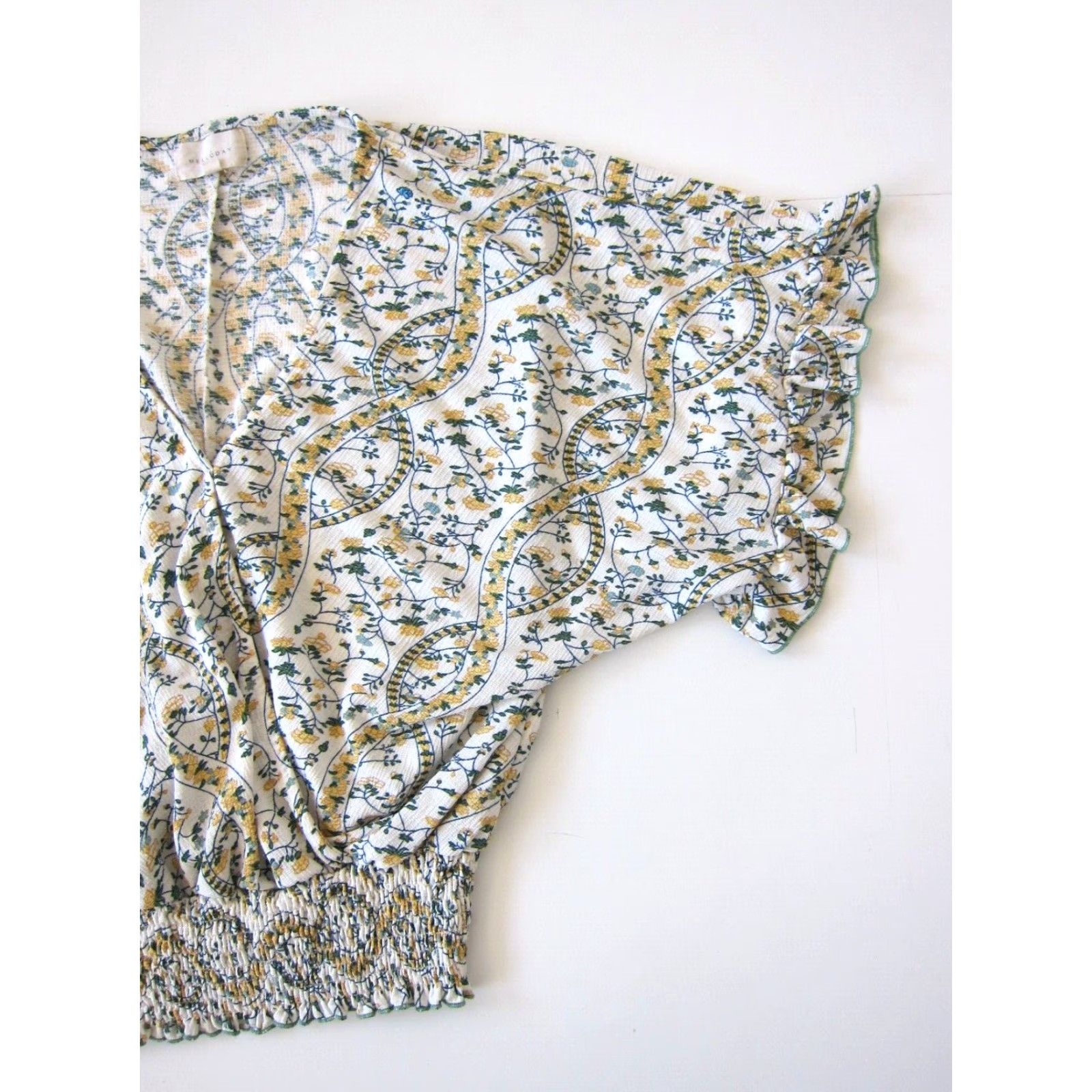 Vintage Melloday Blouse V-Neck Floral Stretch Tunic Peasant Ruffle Sleeve Green Yellow M Women's Shirt Size M / US 6-8 / IT 42-44 - 6 Thumbnail