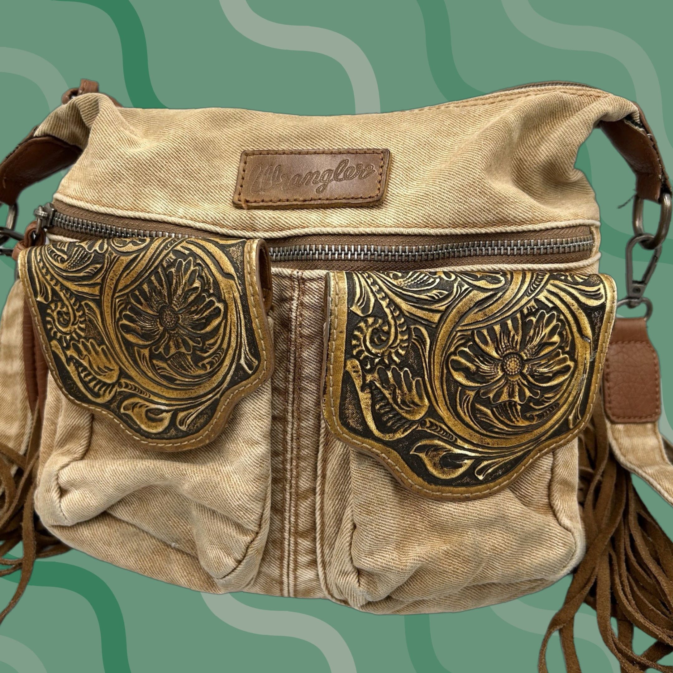Wrangler Wrangler Crossbody Bag Western Ladies Fringe Floral Tooled Black Denim Beige Exterior Color Medium Size ONE SIZE - 1 Thumbnail
