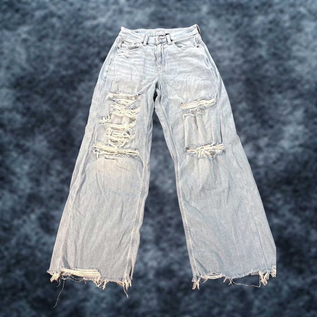 American Eagle Outfitters VINTAGE American Eagle Outfitters Jeans 4 Short Blue Super High Rise Baggy Wide Leg Distressed Jeans Women 90s Y2K Curvy Inseam 29 Womens Size 27" / US 4 / IT 40 - 1 Thumbnail