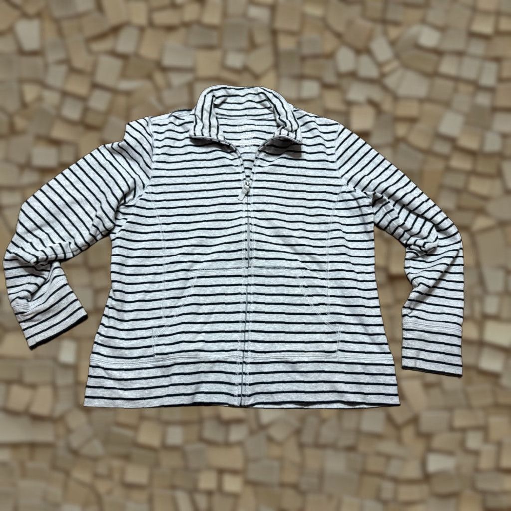 Vintage L.L. Bean Sweater Women's Size Large Petite Striped Gray Black Full Zip Womens Size L / US 10 / IT 46 - 1 Thumbnail