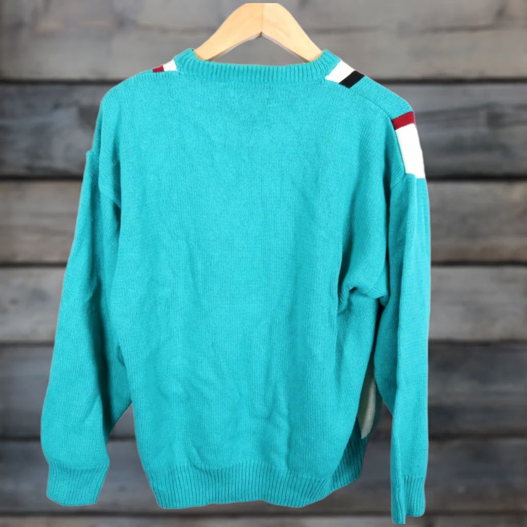 Vintage VINTAGE Par Four Sweater Shirt Mens Large 90s Teal Ivory Striped Heavyweight Cotton Blend Knit VTG Size US L / EU 52-54 / 3 - 1 Thumbnail
