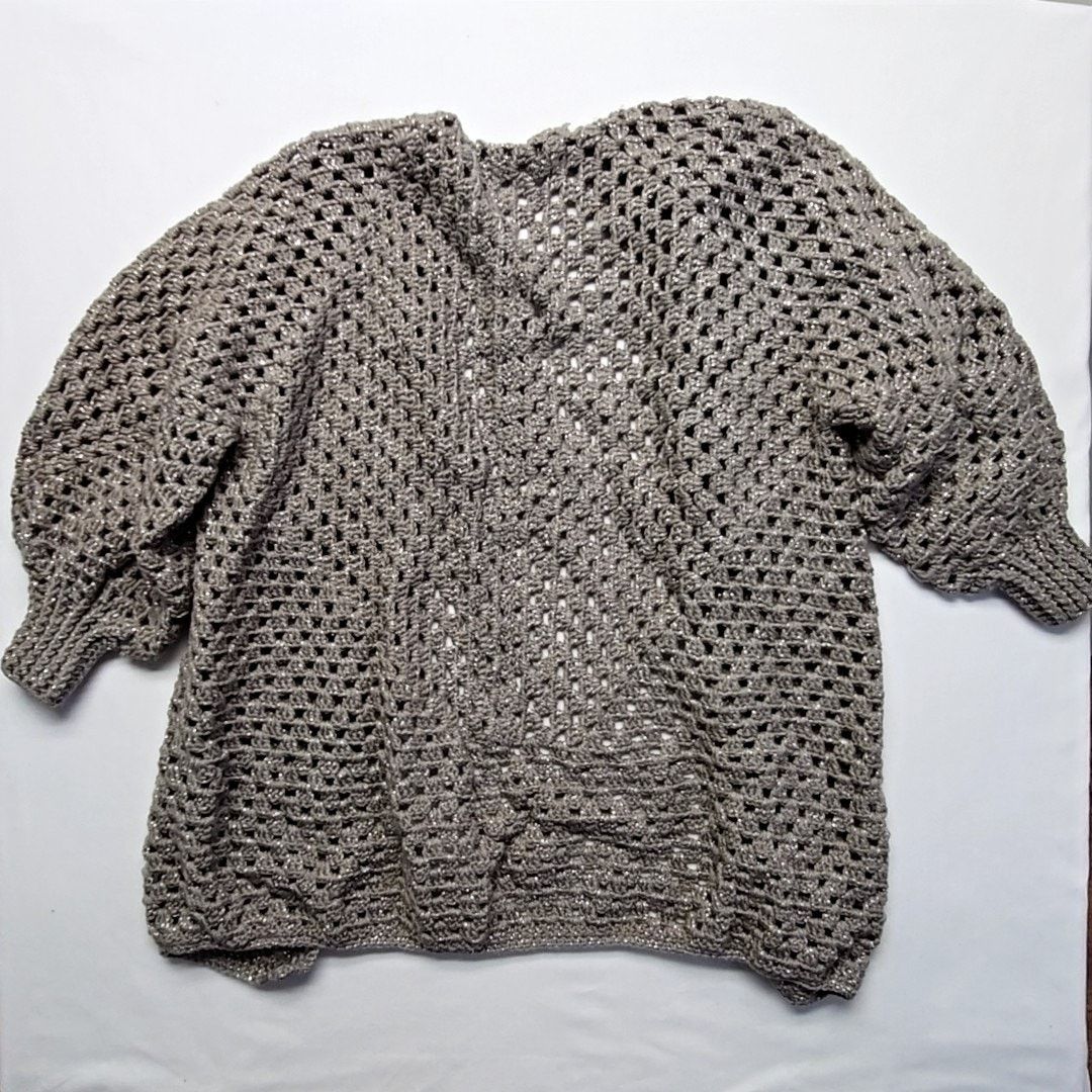 Handmade Knit Metallic Gray Cardigan Oversized L Crochet Open Sweater Size L / US 10 / IT 46 - 5 Thumbnail