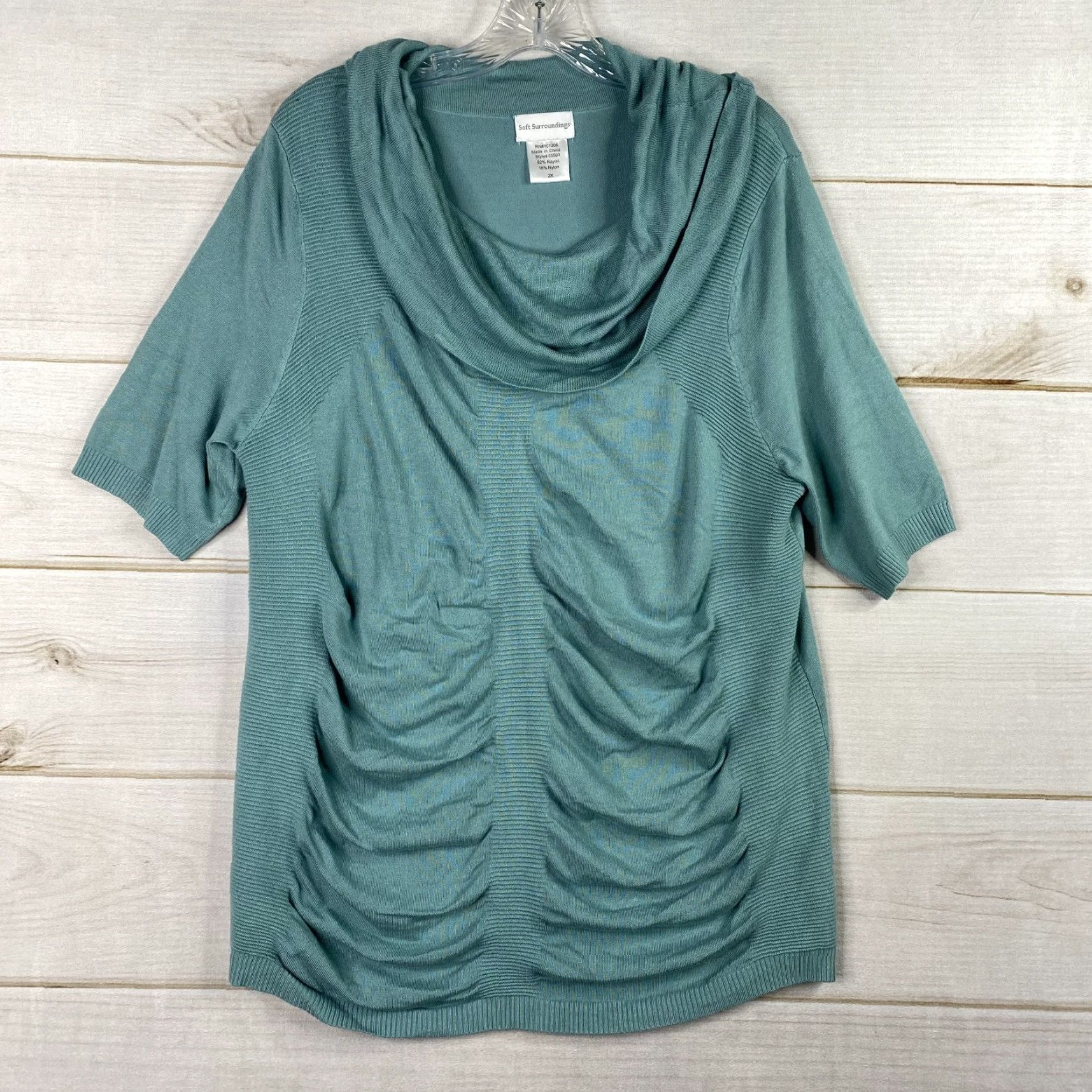 Soft Surroundings Soft Surroundings Blouse Shirt Women 2X Green Cowl Neck Knit Short Sleeve Ribbed Stretch Vintage: No Size XXL / US 16-18 / IT 52-54 - 2 Thumbnail