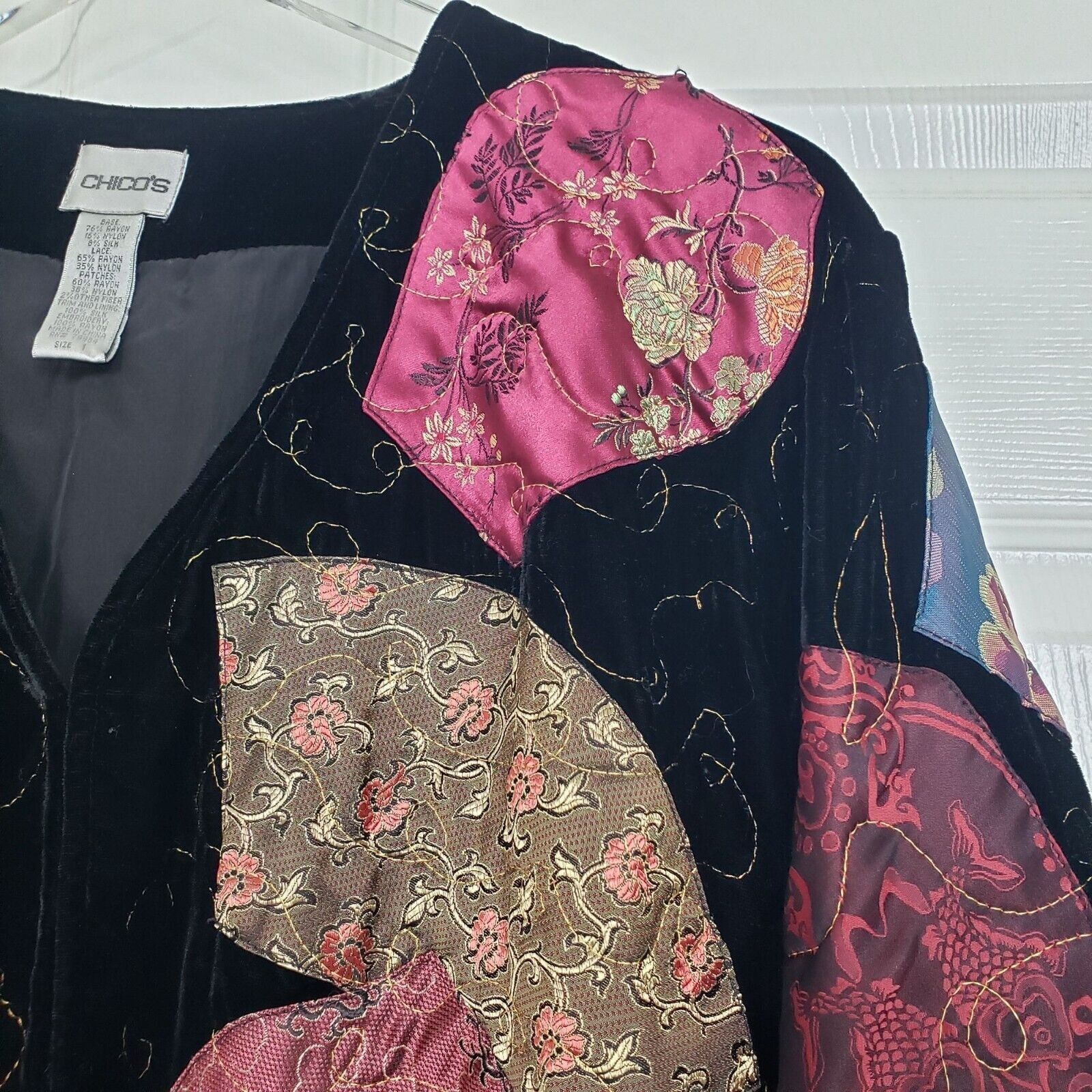 Designer Chicos 1 Velvet Floral Asian Patchwork Jacket Womens Size S Size S / US 4 / IT 40 - 4 Thumbnail