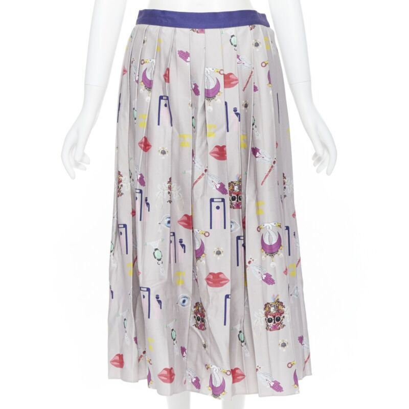 Mary Katrantzou MARY KATRANTZOU grey mixed illustration print pleated midi flared skirt UK10 27" Size 28" / US 6 / IT 42 - 1 Thumbnail