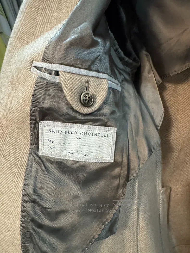 Brunello Cucinelli Brunello Cucinelli Khaki Herringbone Cashmere Collar Stand Size US XS / EU 42 / 0 - 3 Thumbnail