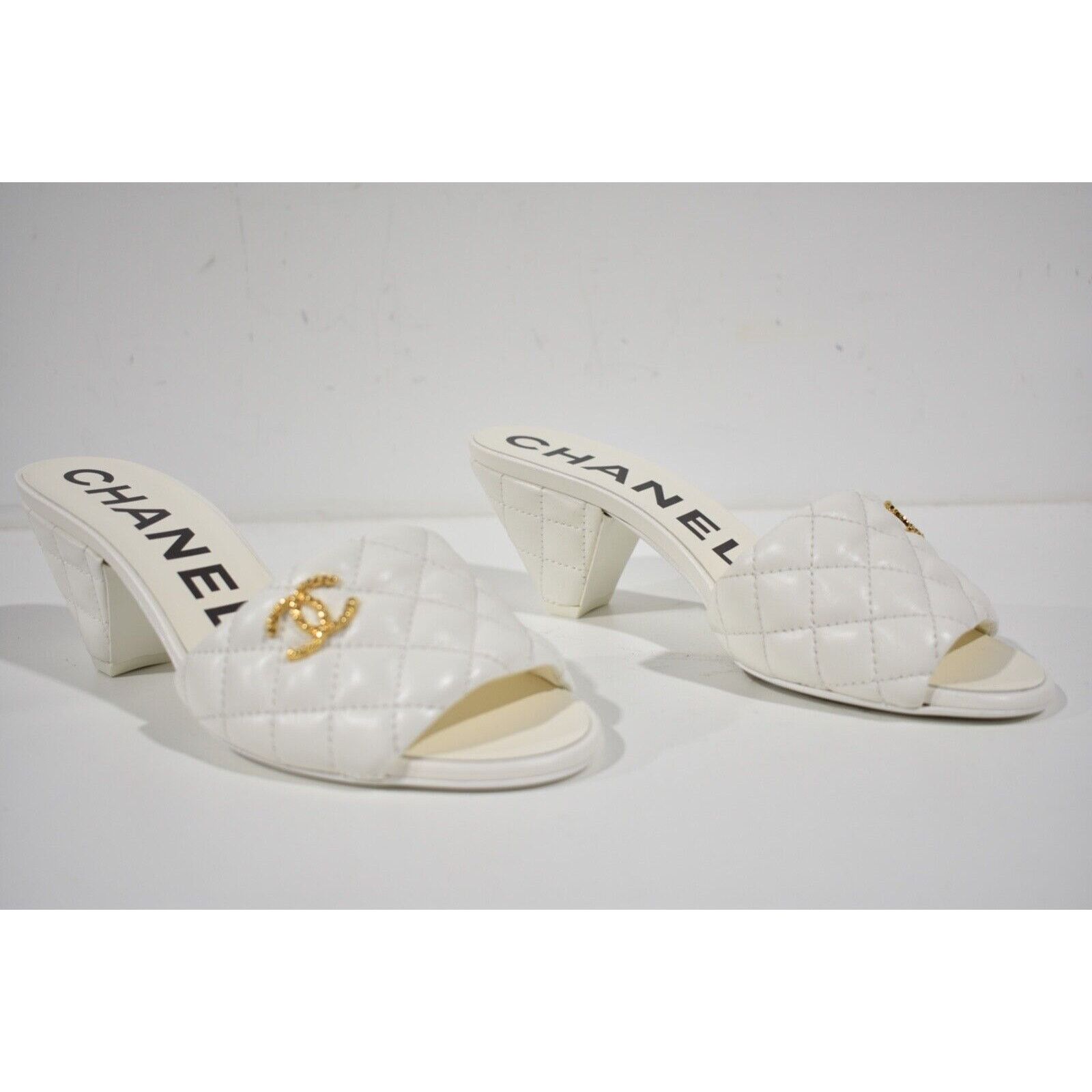 Chanel REV Quilted CC Logo Cone Heel Mule Slide Sandal 37.5 Size US 7.5 / IT 37.5 - 3 Thumbnail