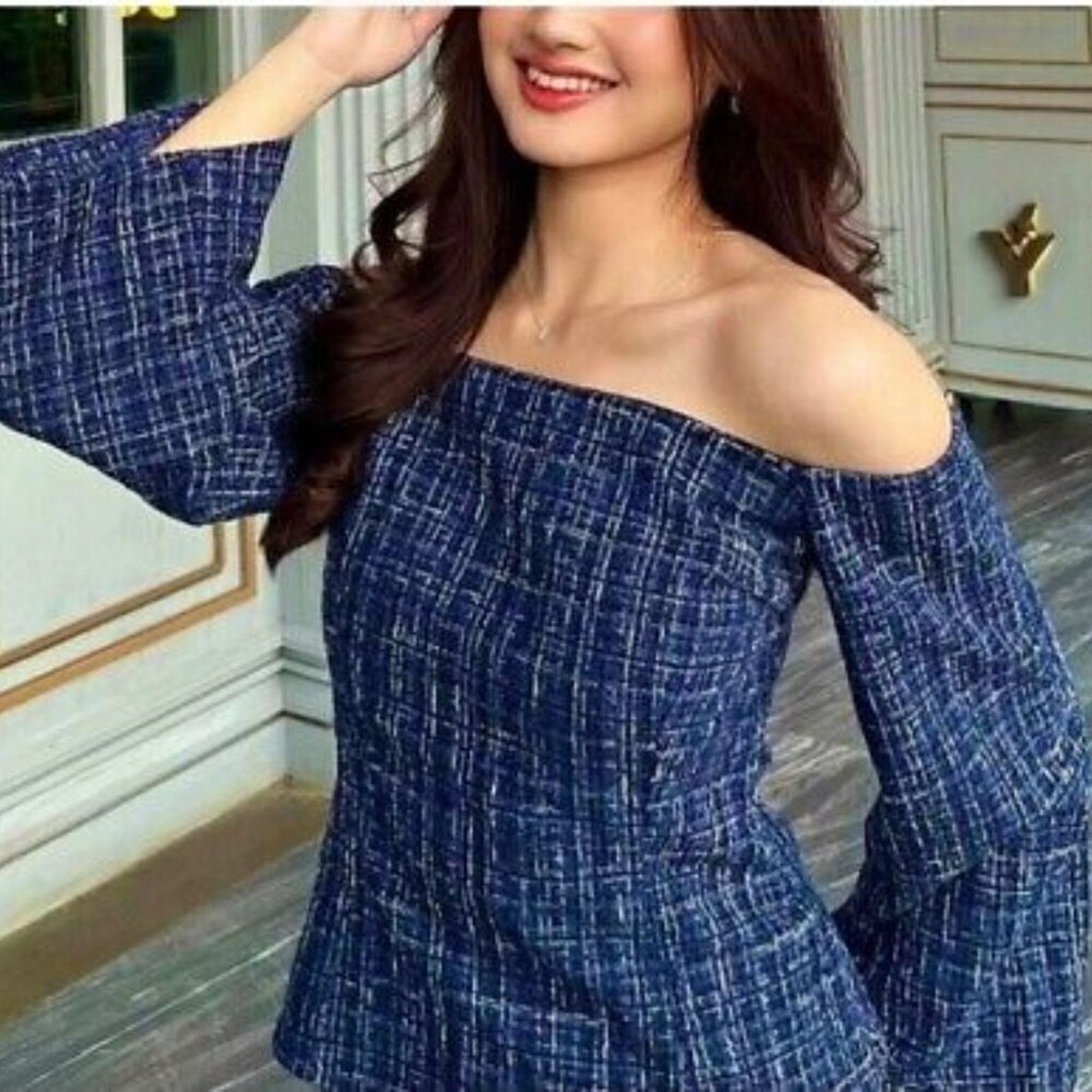 Zara Zara Navy Tweed Off Shoulder Top NWT M Size M / US 6-8 / IT 42-44 - 10 Thumbnail
