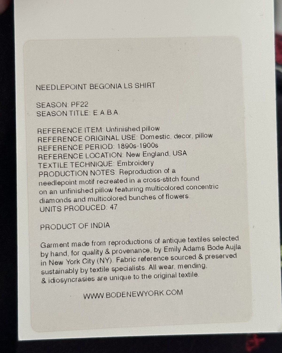 Bode Bode - Needlepoint Begonia Long Sleeve Shirt - NWT Size US L / EU 52-54 / 3 - 7 Thumbnail