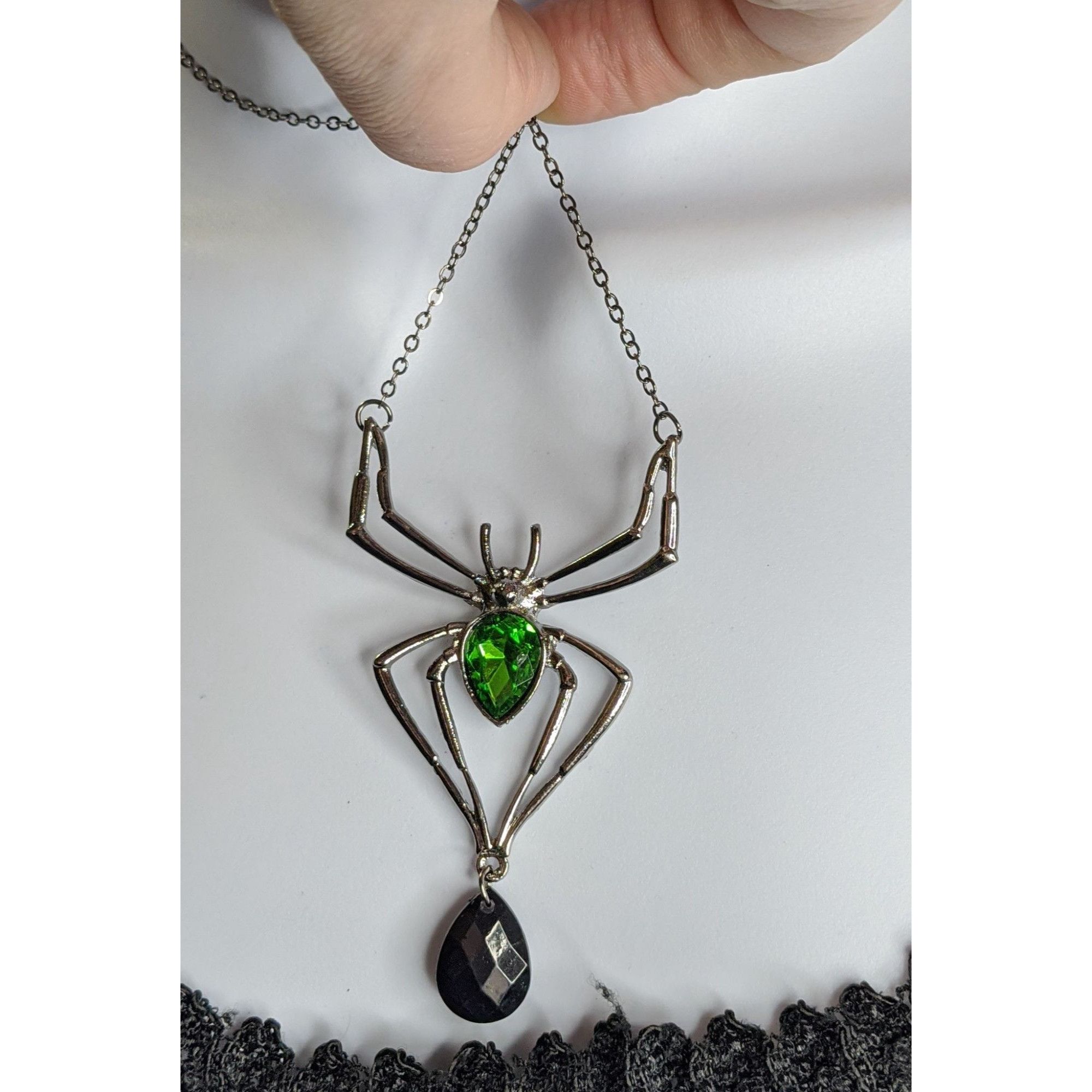 Other Gothic Spider Pendant Necklace With Green Gemstone & Black T Size ONE SIZE - 4 Thumbnail
