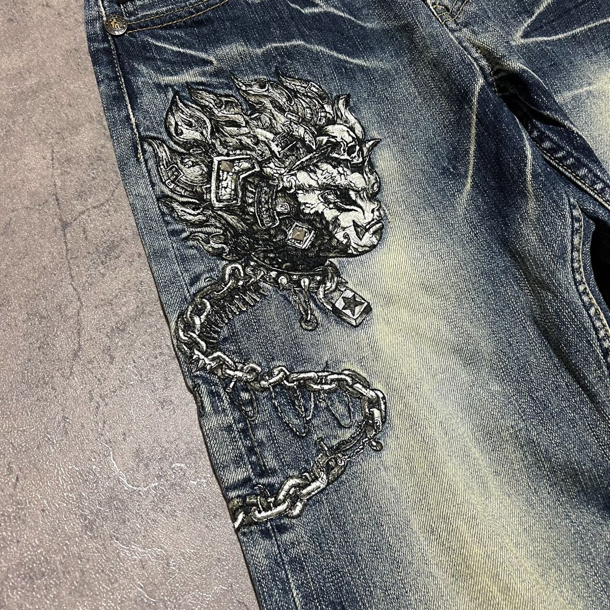 Japanese Brand Nippon Blue Jizo Bosatsu Skull Embroidery Whiskered Jeans Size US 30 / EU 46 - 4 Thumbnail