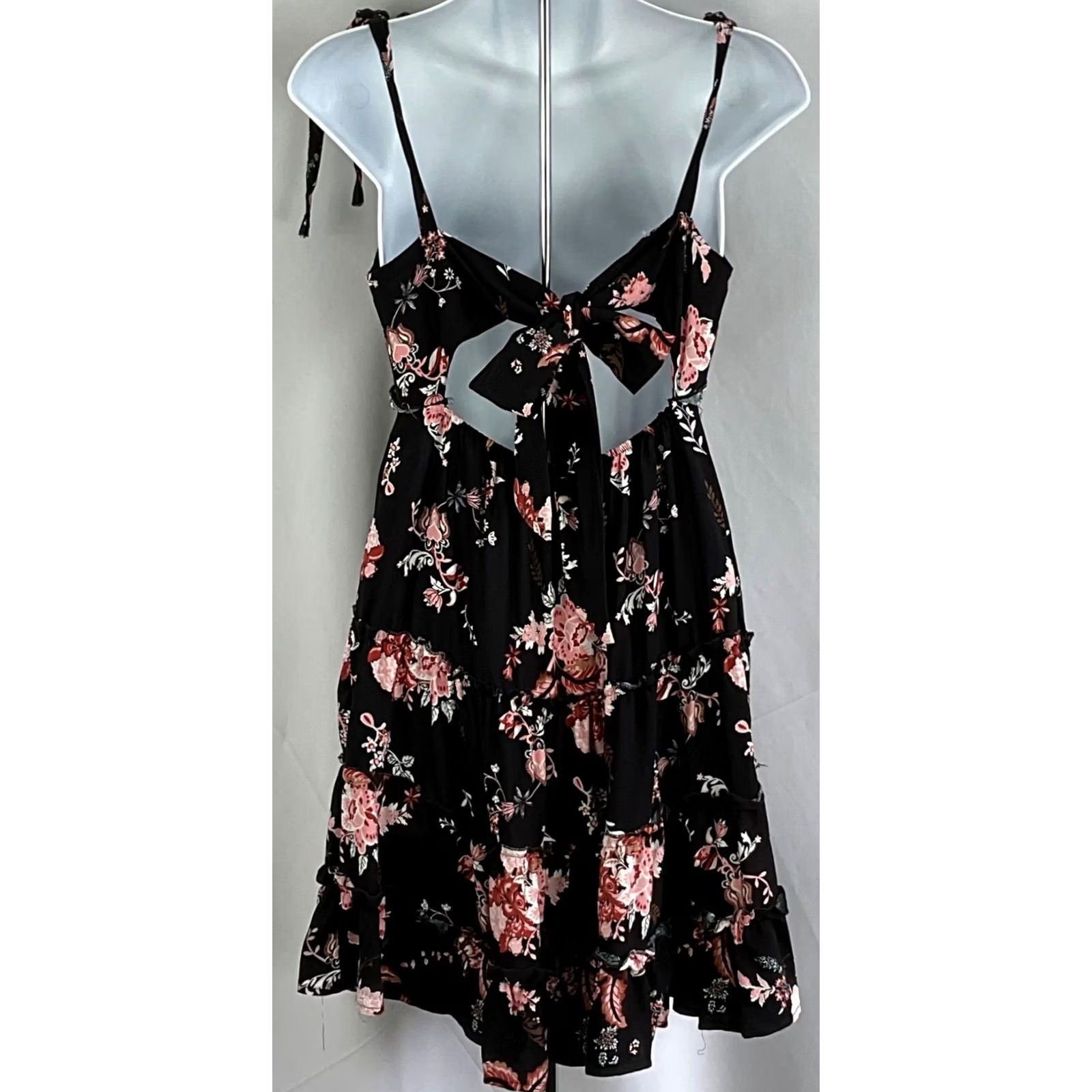 Vintage Birch & Stone Sun Dress S Blk Floral Ruffles Strappy Cut Out Tie Bow Back Dress - Womens, Sleeveless, Knee Length, Bohemian, Spring/Summer Size S / US 4 / IT 40 - 3 Thumbnail