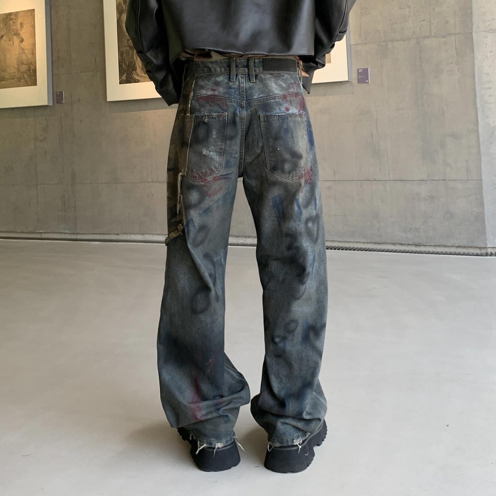 Vintage Black Distressed Baggy Wide Leg Jeans, Artistic Paint Detail Size US 32 / EU 48 - 4 Thumbnail