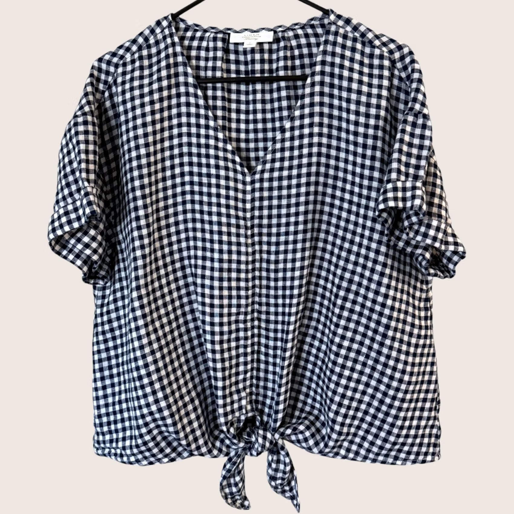 Charter Club Charter Club Linen Tie-Waist Gingham V-Neck Top Blue & White Women's Large Blouse Size L / US 10 / IT 46 - 1 Thumbnail