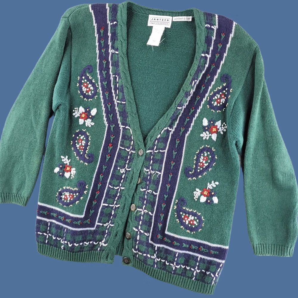 Jantzen VINTAGE Jantzen Cardigan Sweater Womens Large Green Embroidered Knit Regular Size 100% Authenticity Guaranteed Size L / US 10 / IT 46 - 1 Thumbnail