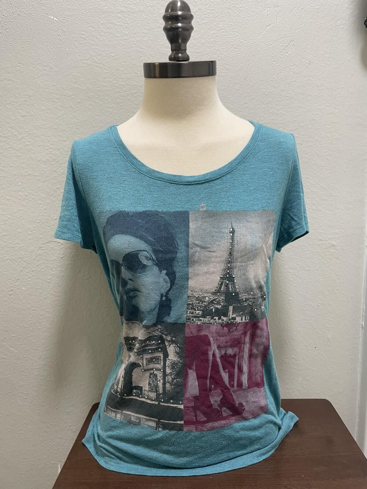 Other Y2K Paris T-Shirt Teal Artsy Scenes Chic Sz M Size M / US 6-8 / IT 42-44 - 1 Thumbnail