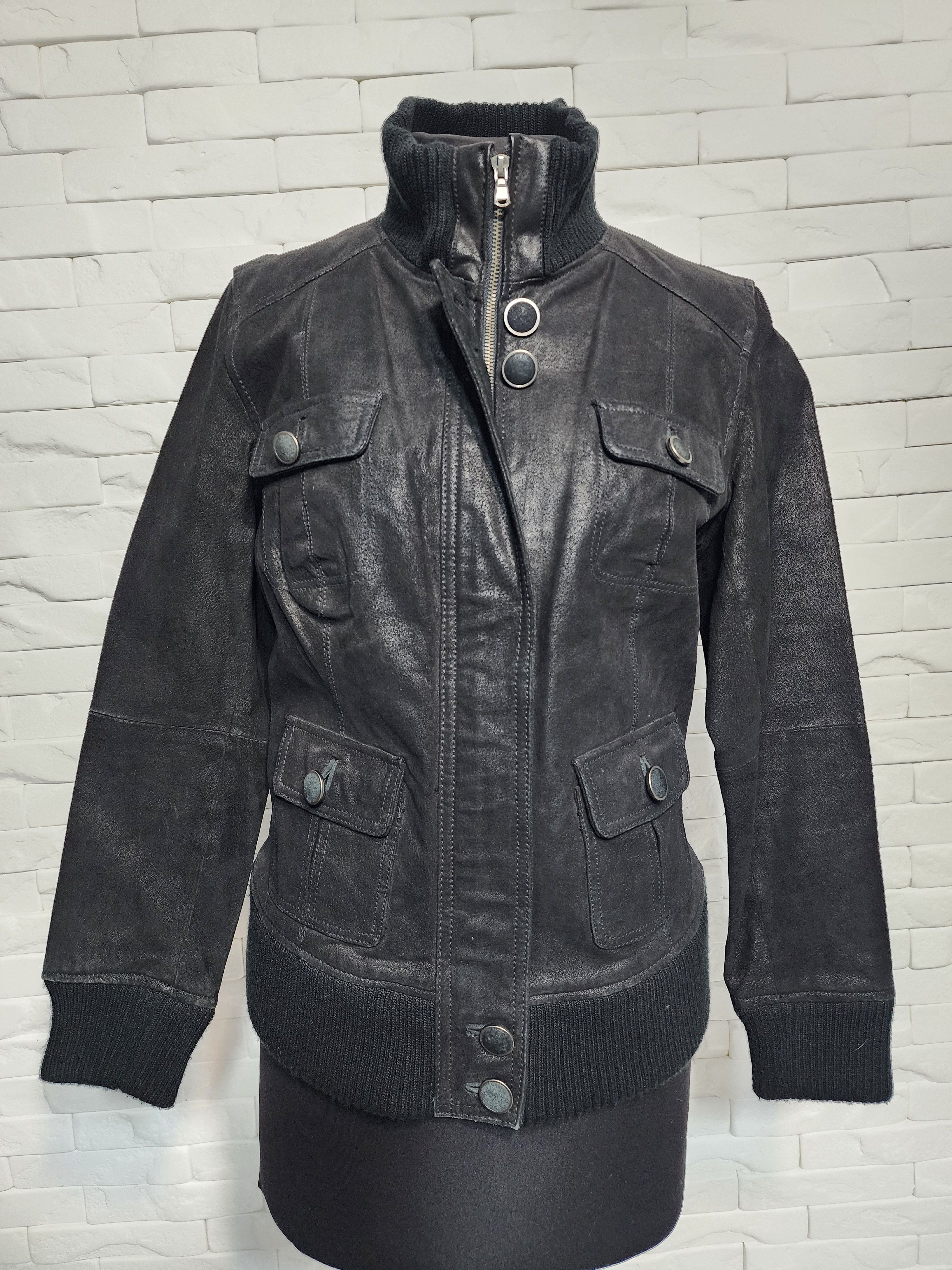 Other Black Leather Zip-Up Jacket: Women's Knitted Trim Sportswear Size L / US 10 / IT 46 - 1 Thumbnail