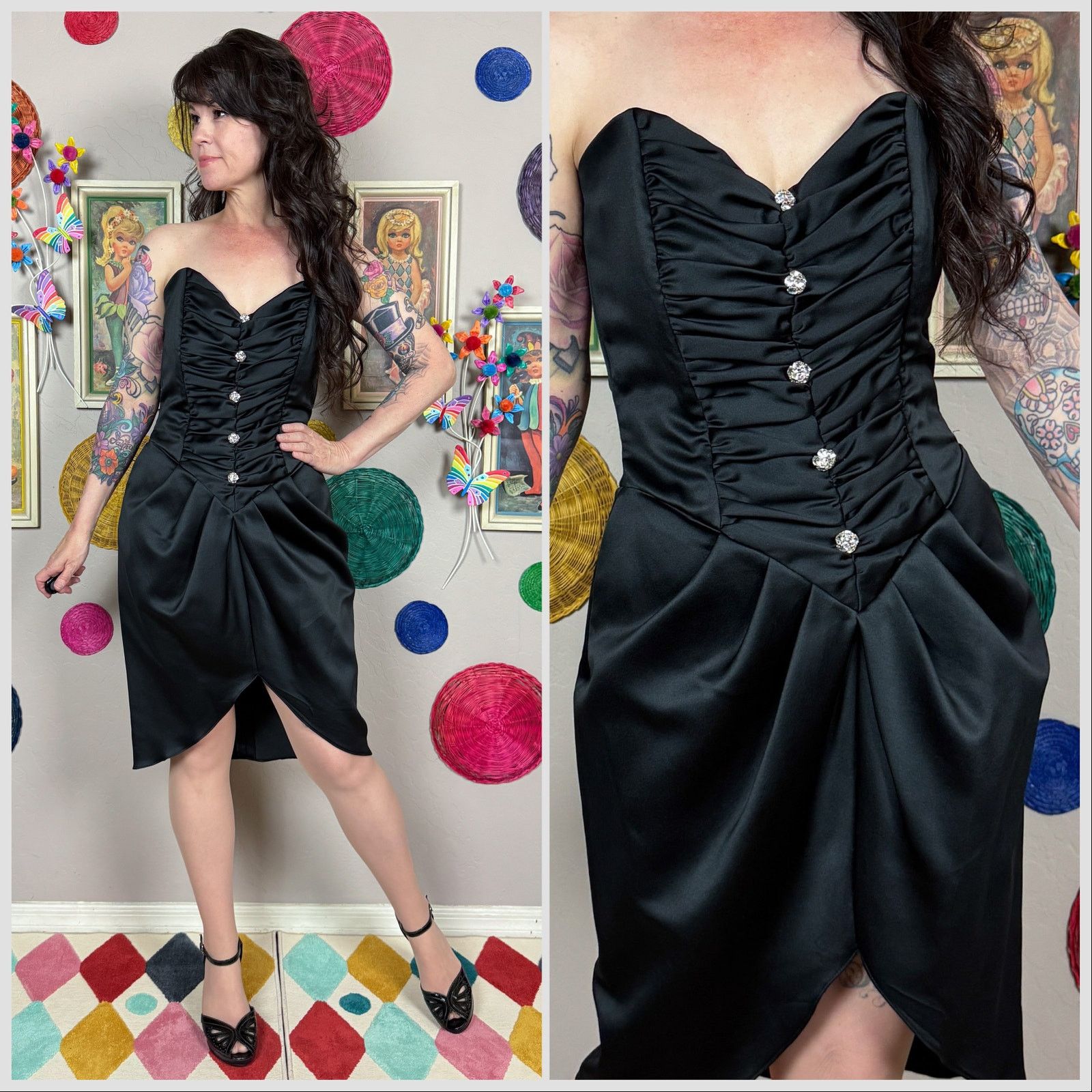 1980s Black Satin Strapless Sweetheart Ruched Cocktail Dress