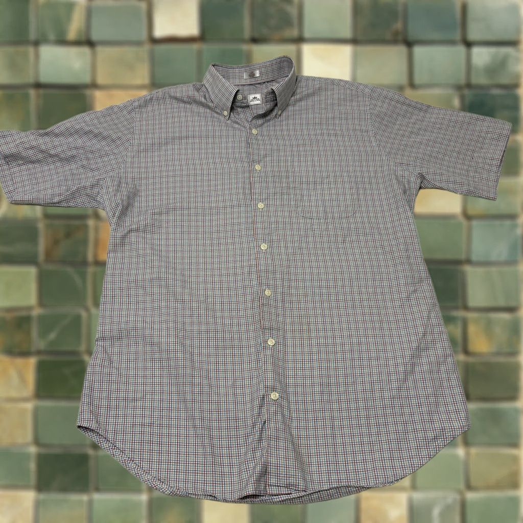 Peter Millar Peter Millar Mens L Red Blue Plaid Cotton Button-Down Short Sleeve Shirt Size US 33 - 1 Thumbnail