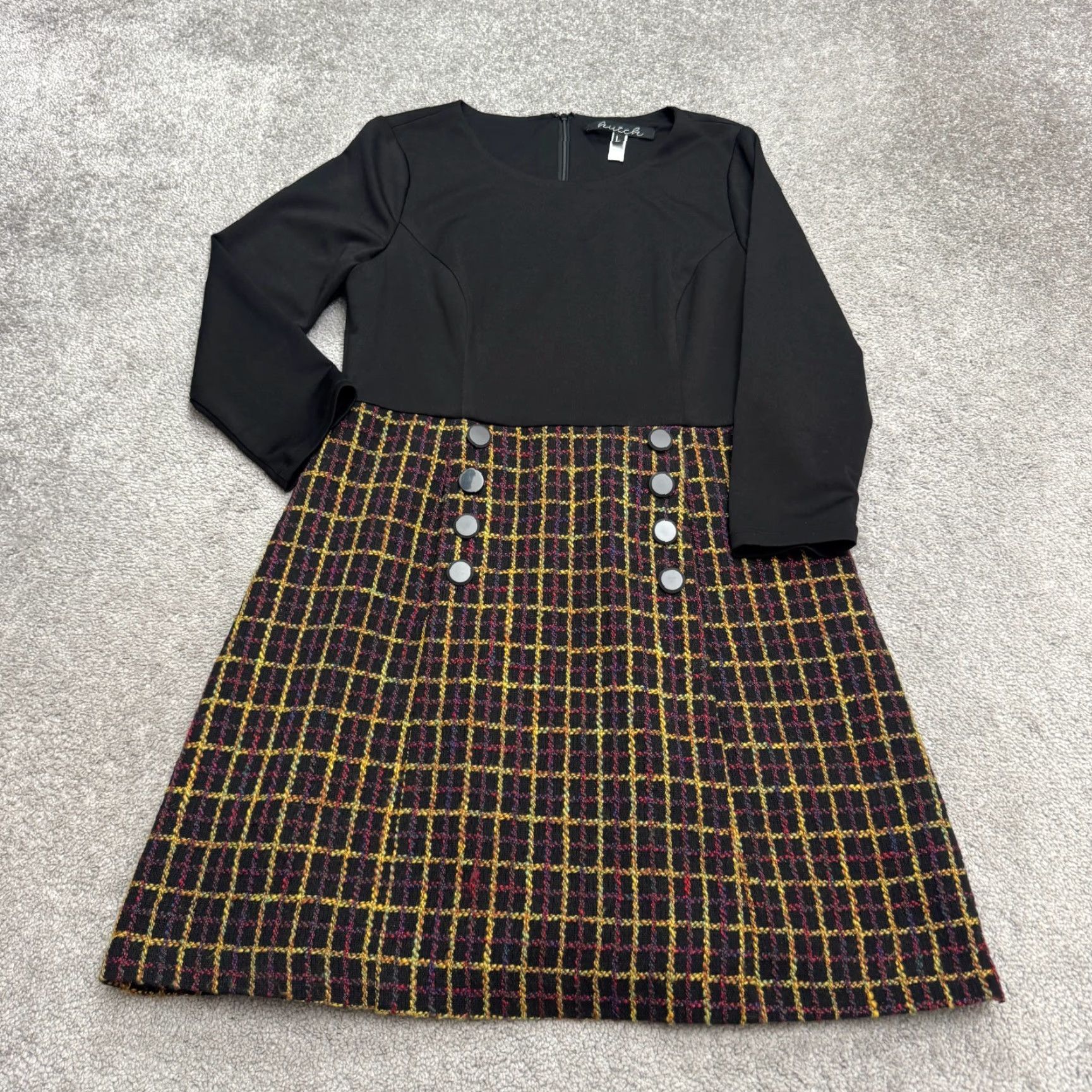 Vintage Hutch A-Line Dress Womens L Black Brown Plaid Tweed Long Sleeve Knee Length Size L / US 10 / IT 46 - 2 Thumbnail