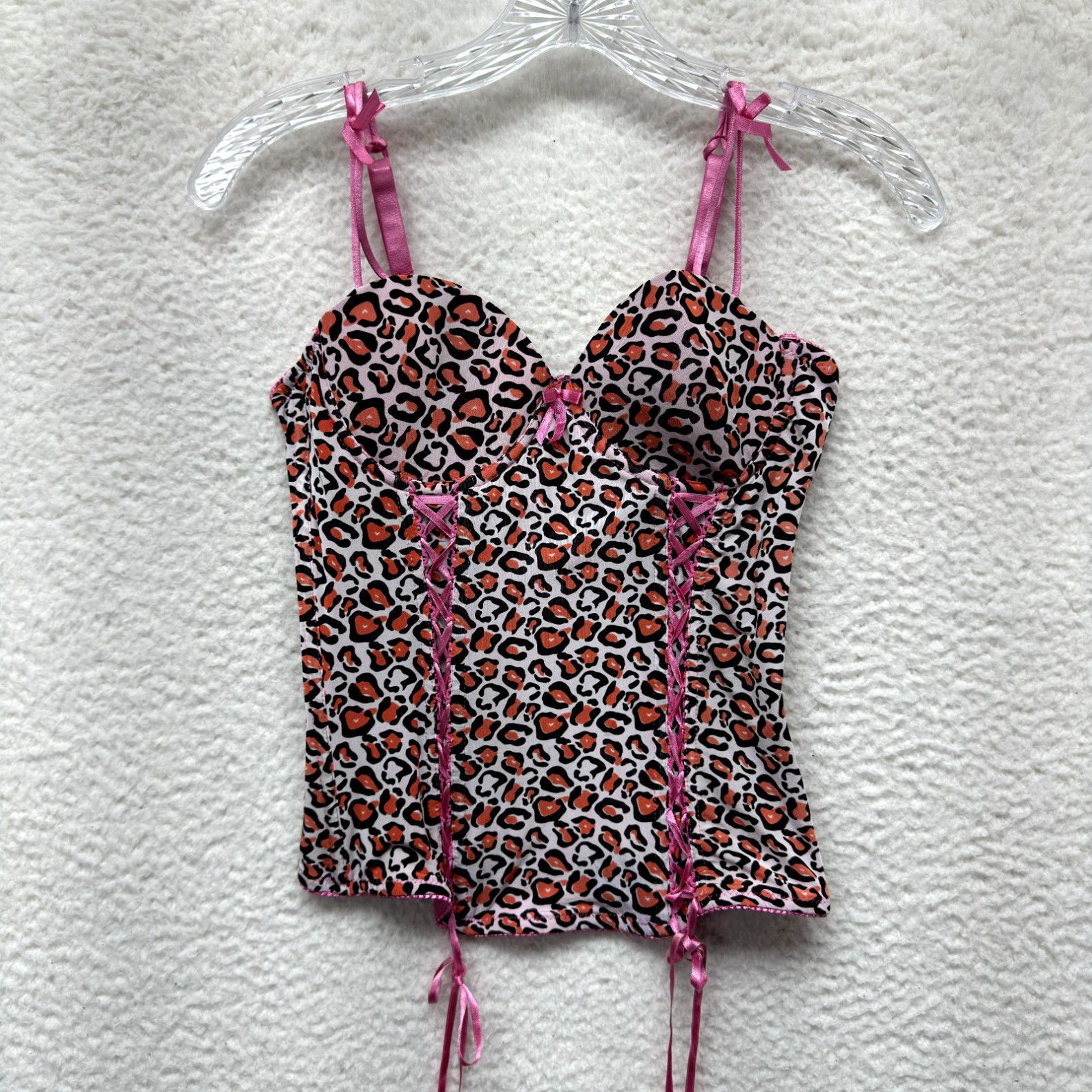 image of Y2K Vintage Bustier Corset Top S Small Pink Cheetah Leopard Boning Bow Barbie in White, Women's