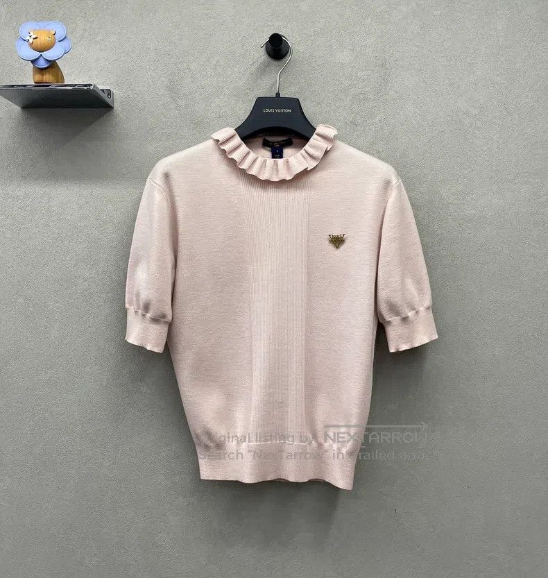Louis Vuitton Nude Pink Ruffle Neck Knit Cardigan sweater